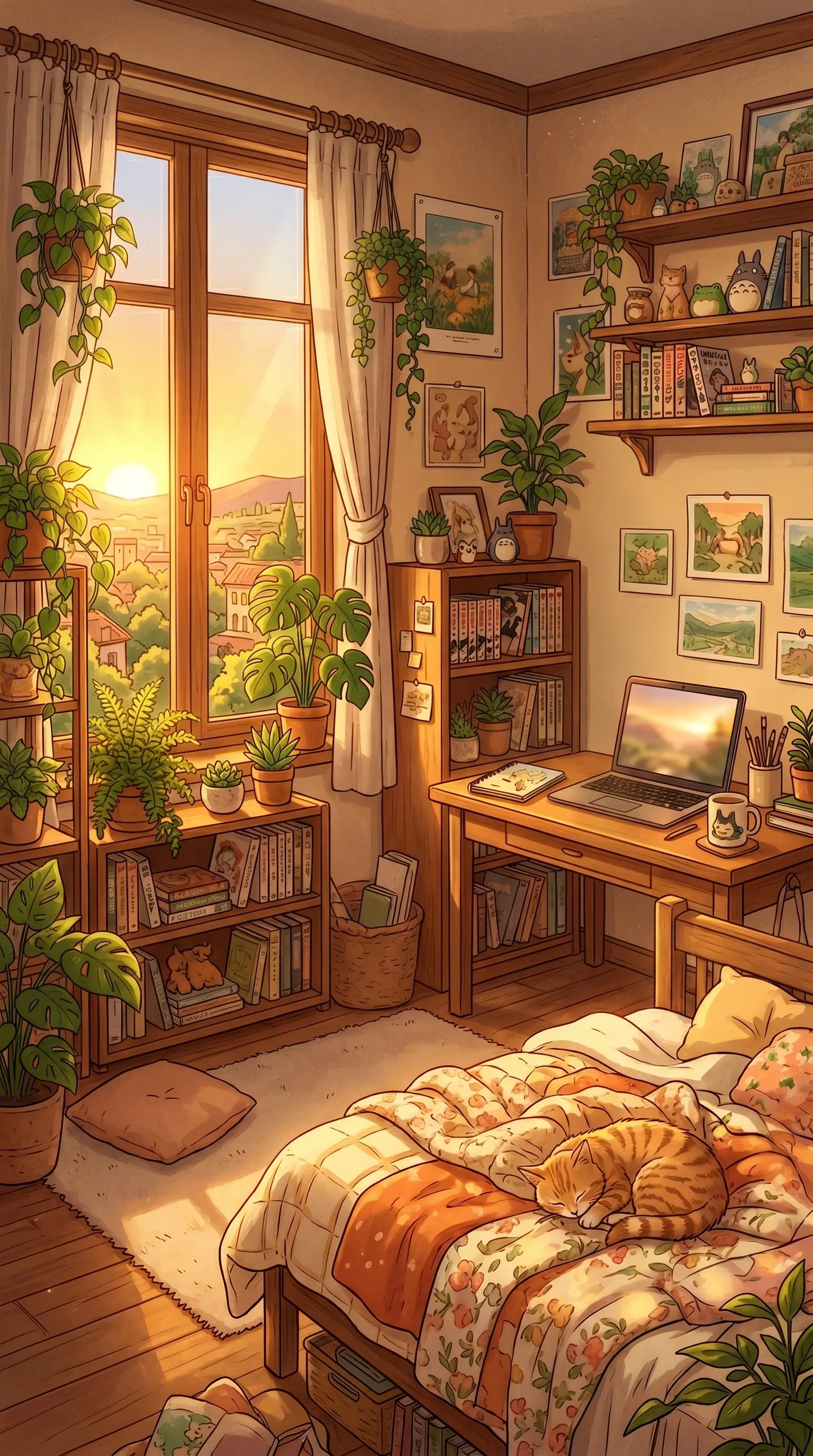 Cozy anime aesthetic bedroom illustration at sunset, golden hour light streaming through a window, ginger tabby cat sleeping on a bed, numerous potted plants, packed bookshelves, a wooden study desk with a laptop, warm and peaceful lo-fi atmosphere.