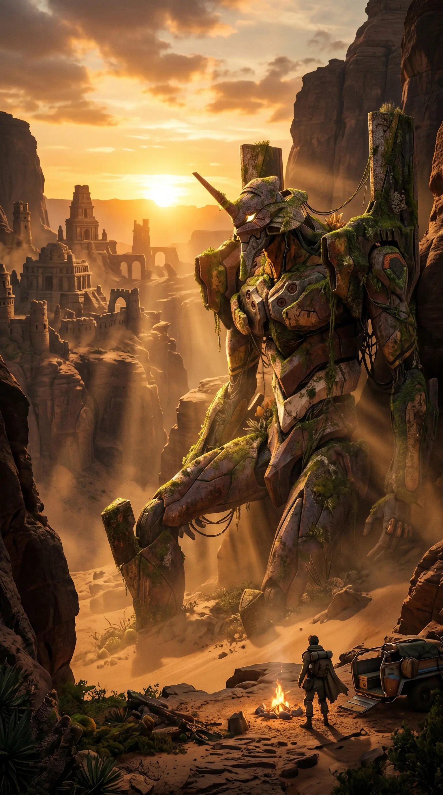 Cinematic sci-fi anime digital illustration of a colossal moss-covered ancient giant mecha robot in a desert canyon, golden hour sunset rays streaming through dust, a lone explorer by a campfire in the foreground, ancient stone ruins in the background.