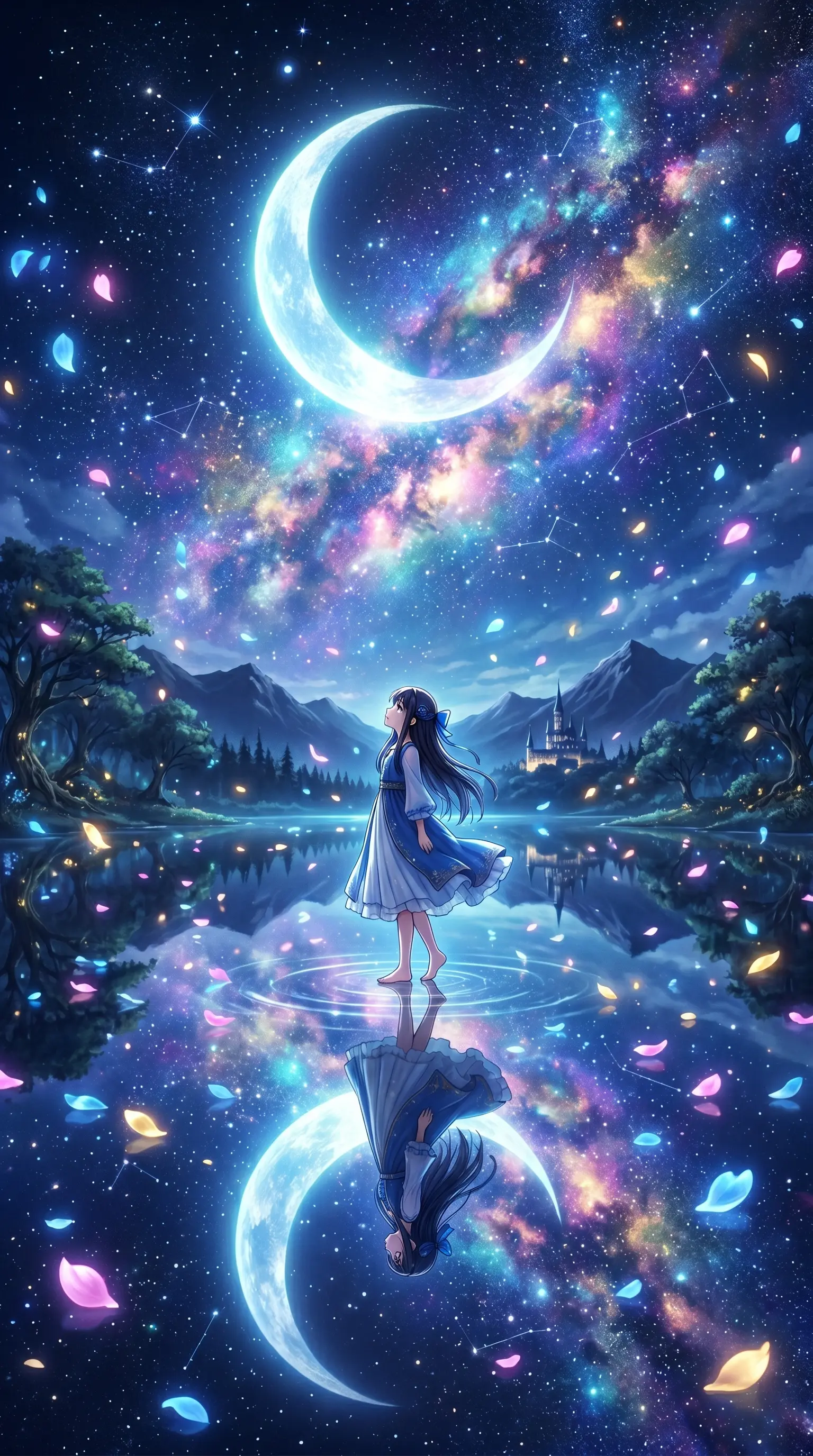 Magical fantasy anime digital illustration of a girl in a flowing blue dress standing on a calm lake that perfectly reflects the night sky, massive glowing crescent moon, colorful cosmic galaxy nebula, starry constellations, floating glowing flower petals, distant castle silhouette.