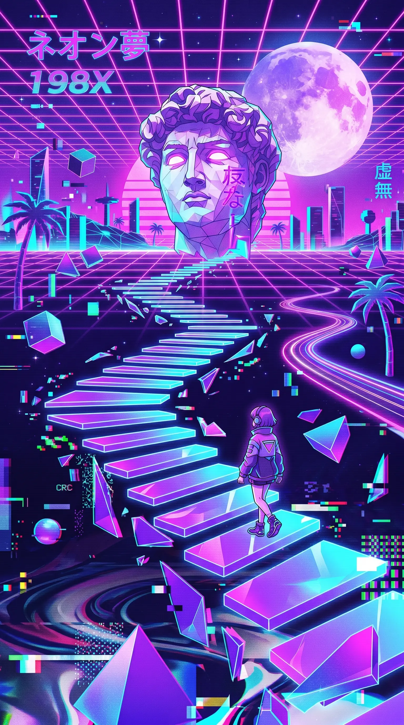 Vaporwave style digital art mobile background, an anime girl with headphones walking up a glowing neon staircase, giant greek marble head statue with glowing purple eyes, 80s synthwave retro wireframe grid, purple pink sky with a massive moon, glitch effects and japanese characters.