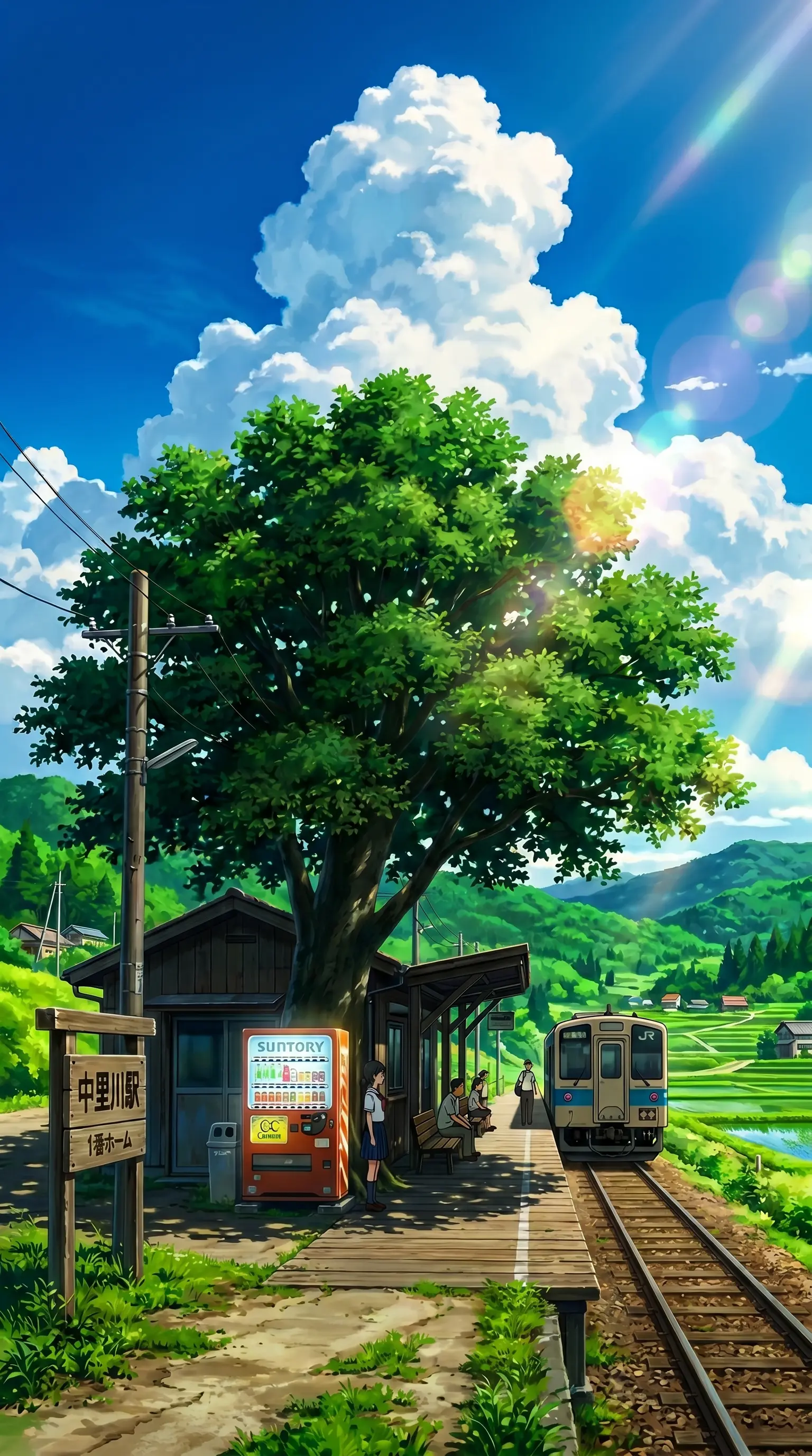 Vibrant summer anime digital illustration of a rural Japanese train station platform, a local train on the tracks, a large green tree, an orange beverage vending machine, rolling green hills with rice paddies, brilliant blue sky with massive towering white clouds and bright lens flare.