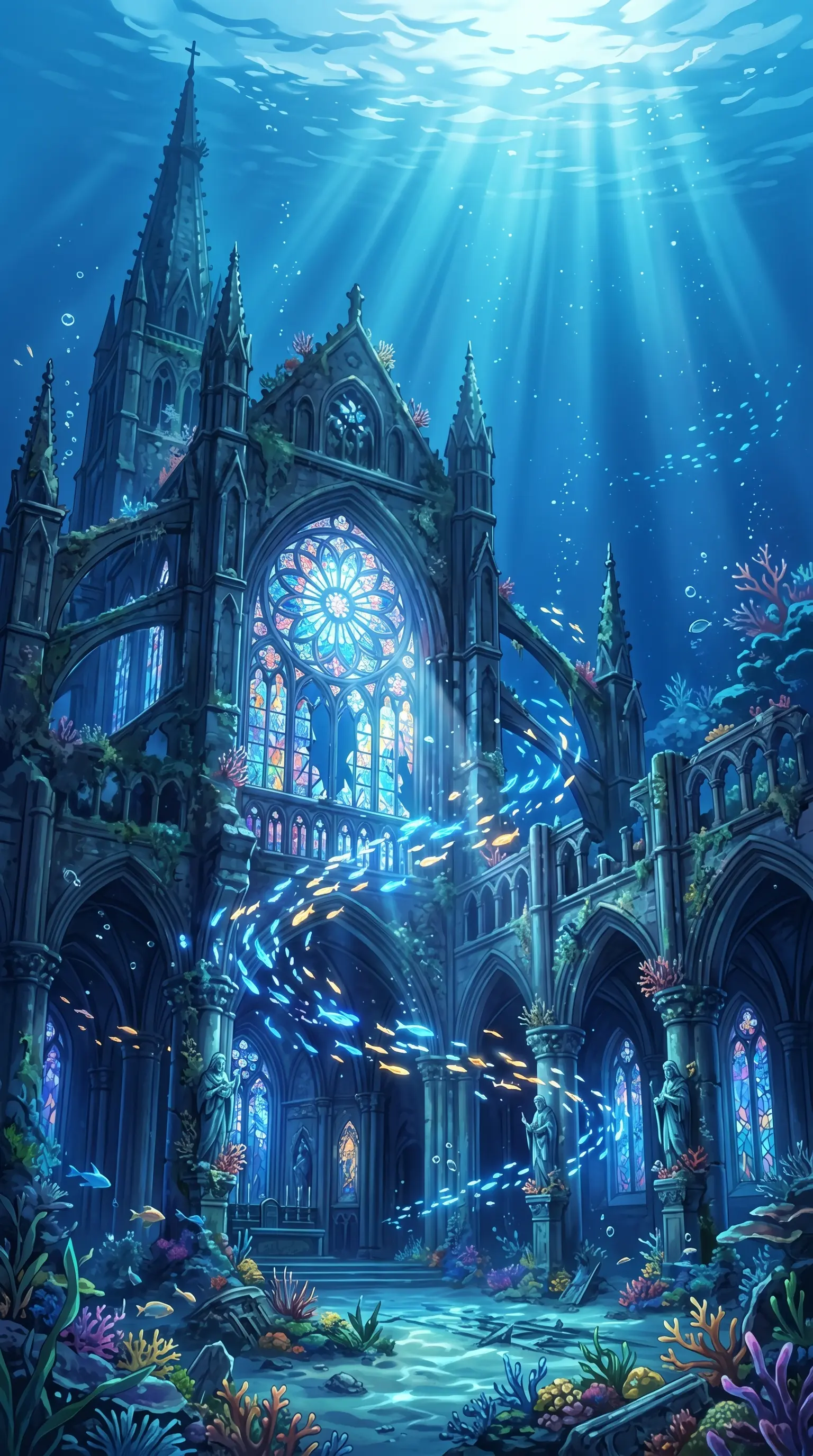 Enchanting anime digital illustration of a massive sunken gothic cathedral underwater, rays of volumetric sunlight streaming down through the blue water, large intricate stained glass window, school of small glowing fish swirling, sea anemones, coral reefs, and ancient stone statues.