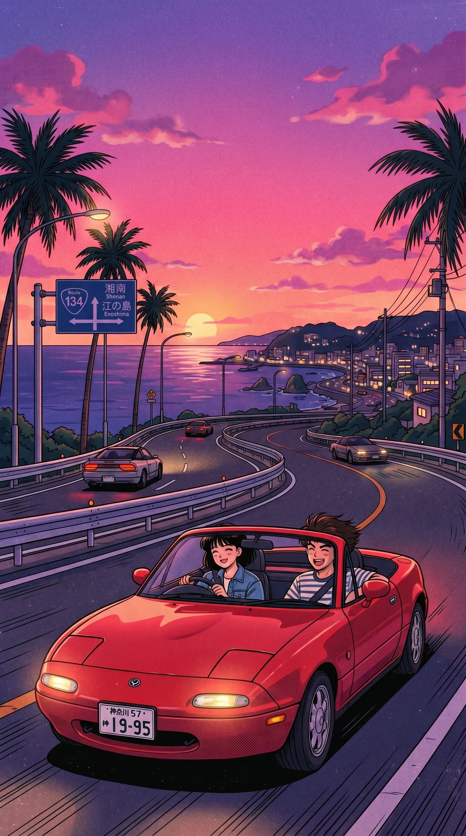 90s retro anime style digital illustration of a young man and woman driving a red Mazda Miata convertible on a coastal highway at sunset, pink and purple sky, palm trees, ocean view, vintage aesthetic.