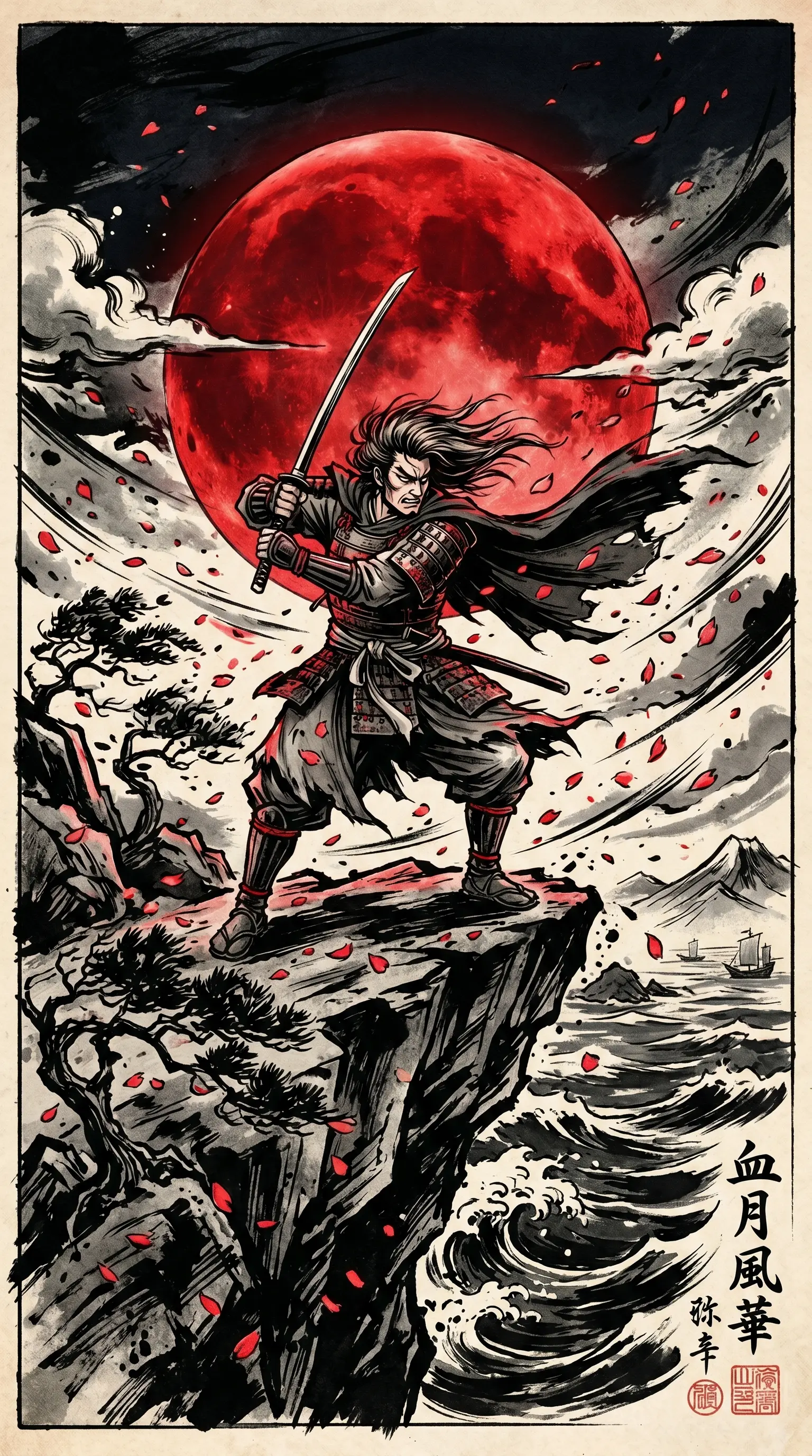 Intense Japanese sumi-e ink style digital illustration of a fierce samurai warrior holding a katana on a cliffside, massive glowing red blood moon in the dark sky, swirling cherry blossom petals, rough ocean waves below.