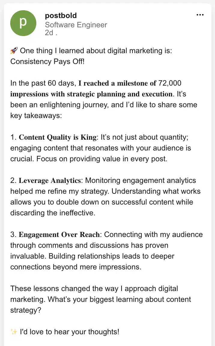 Sample Linkedin post on sharing expertise using Postbold templates
