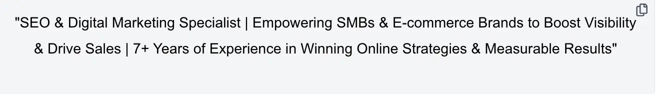 Sample of LinkedIn Headline Generator for seo expert