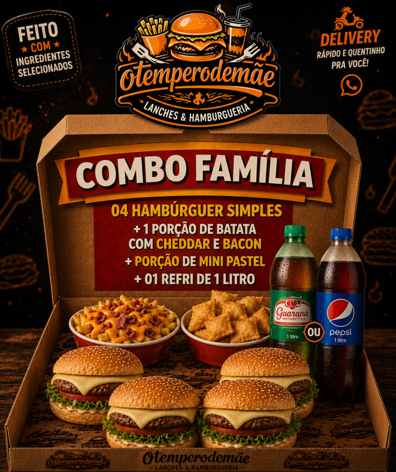 Combo Família 04 hamburguês + porção de batata com cheddar e bacon + porção de mini pastel + refri de 1 litro free