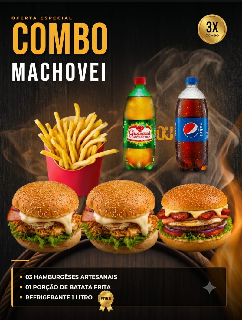 Combo Machovei 03 hamburguês + 01 porção de batata + refri de 1 litro free