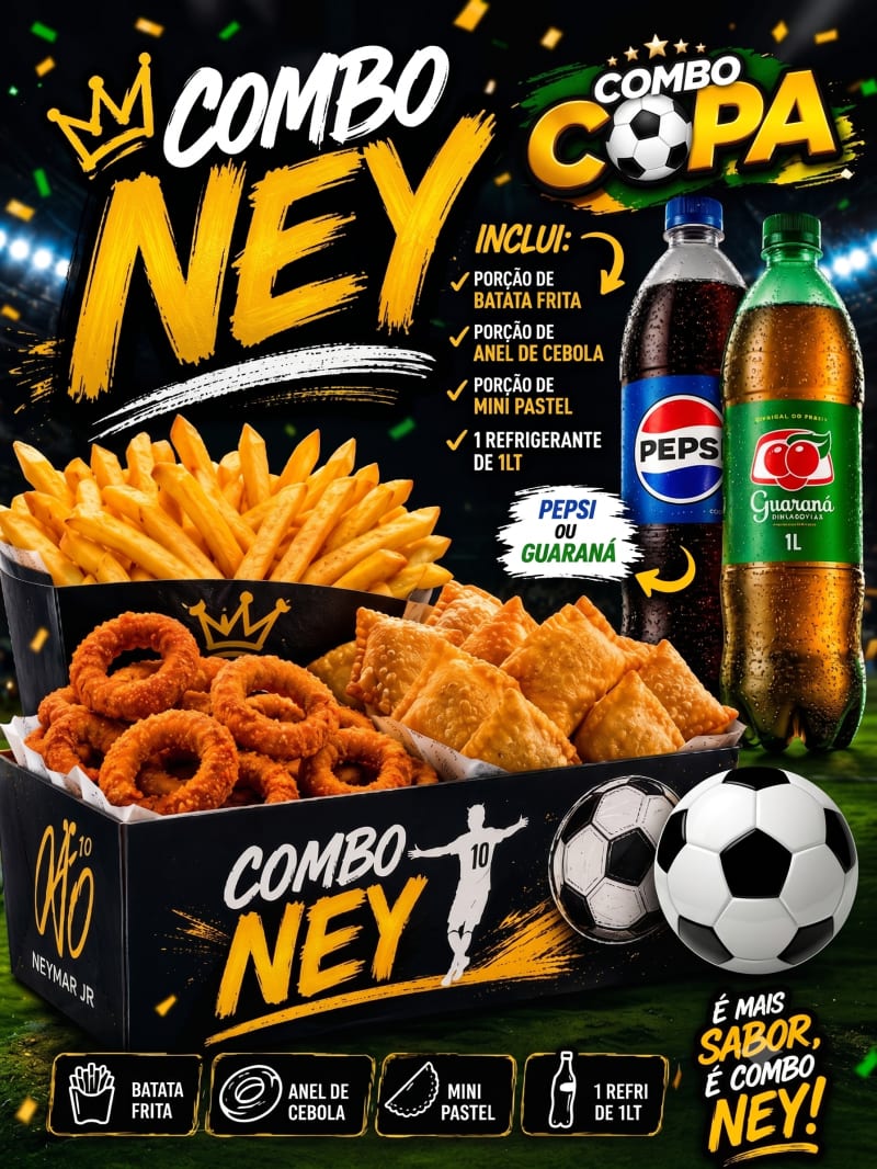 Combo Ney Batata fritas + Anel de Cebola + Mini Pastel + Refri de 1 litro free