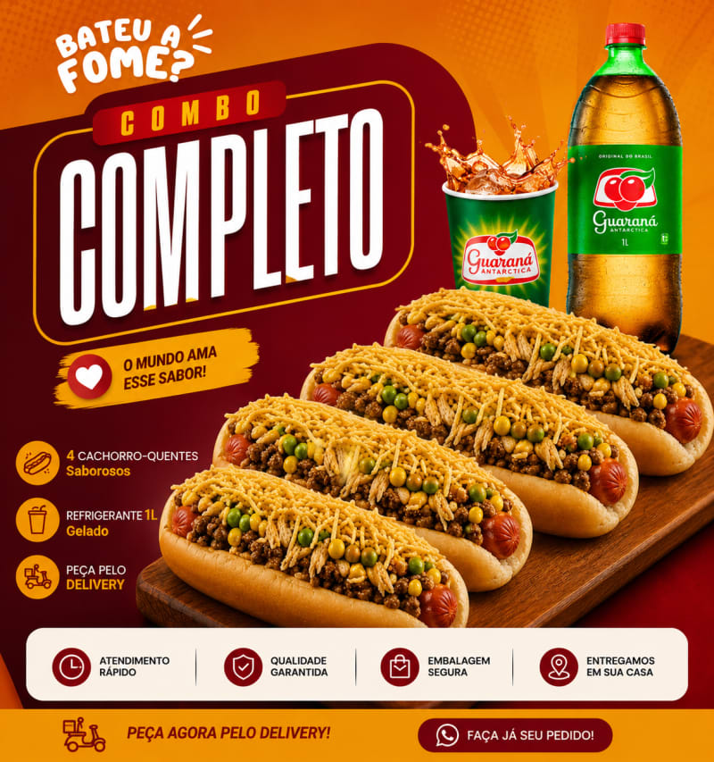 Combo 04 Hot-dogs tradicional +Refri de 1 litro free
