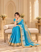 Azure Blue Ready-to-Wear Tissue Silk Saree with Gold Border - Detail View 1