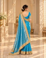 Azure Blue Ready-to-Wear Tissue Silk Saree with Gold Border - Detail View 3