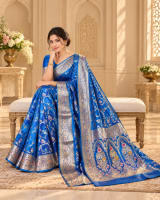 Royal Blue Ready-to-Wear Mashru Silk Saree with Meenakari Floral Art - Detail View 3