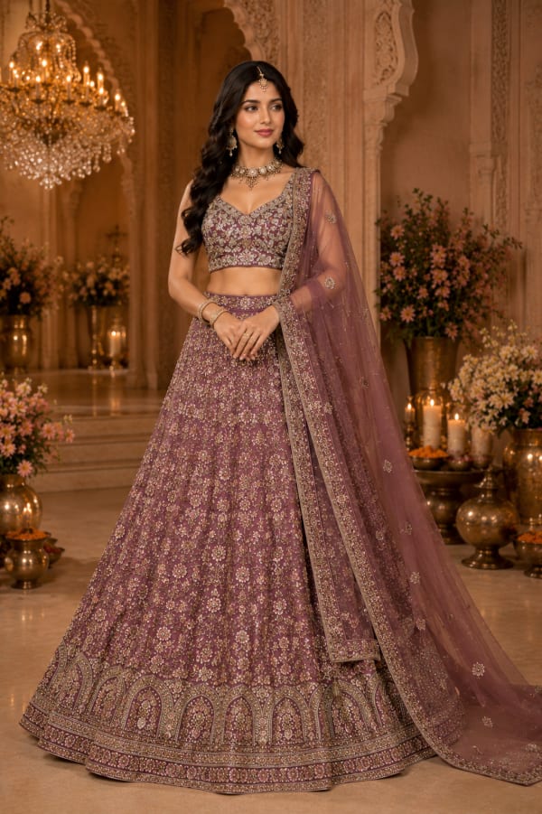 Heritage Mughal Arch Mauve Heavily Embroidered Lehenga Set