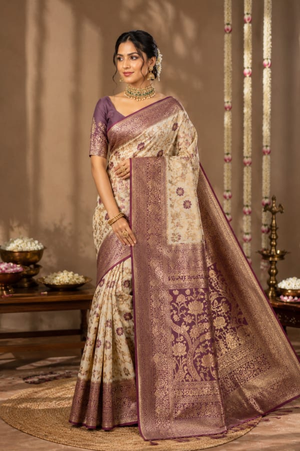 Ivory & Deep Plum Dual-Tone Jacquard Silk Saree with Heavy Gold Zari Pallu