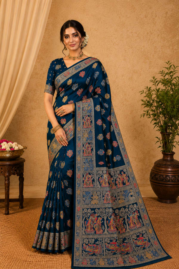Deep Teal Blue Meenakari Silk Saree with Folk Dance Figure Motifs