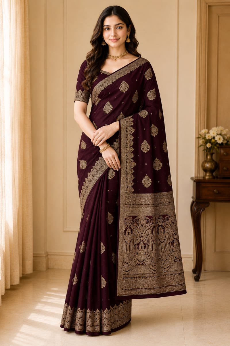 Wine Burgundy Silk Saree with Antique Gold Paisley Pallu | Dark maroon | Bridal saree | Wedding saree - Detail View 1