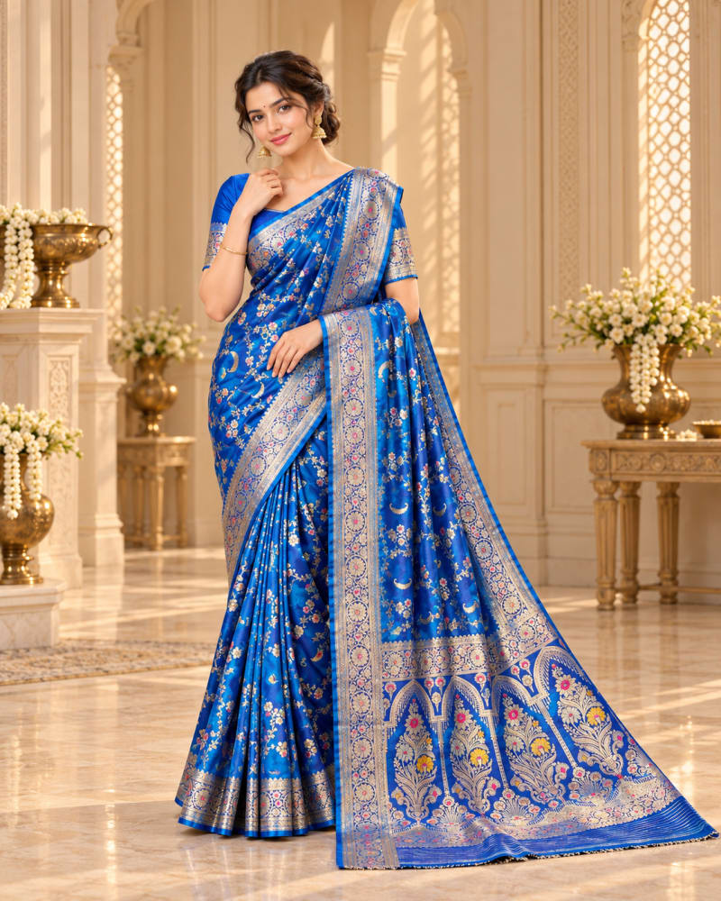 Royal Blue Ready-to-Wear Mashru Silk Saree with Meenakari Floral Art - Detail View 1