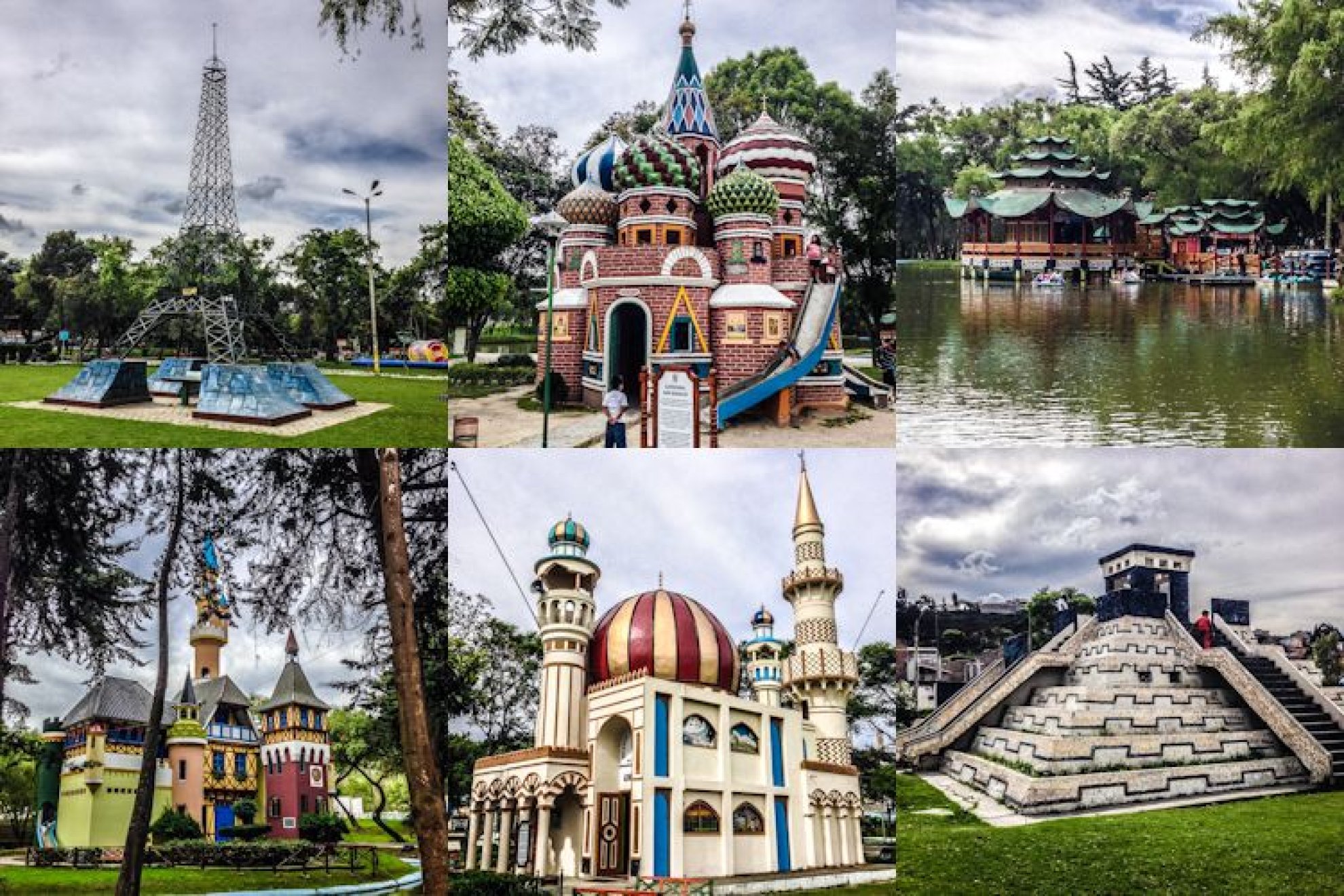 Parque recreativo con áreas verdes y arquitectura temática en Loja.