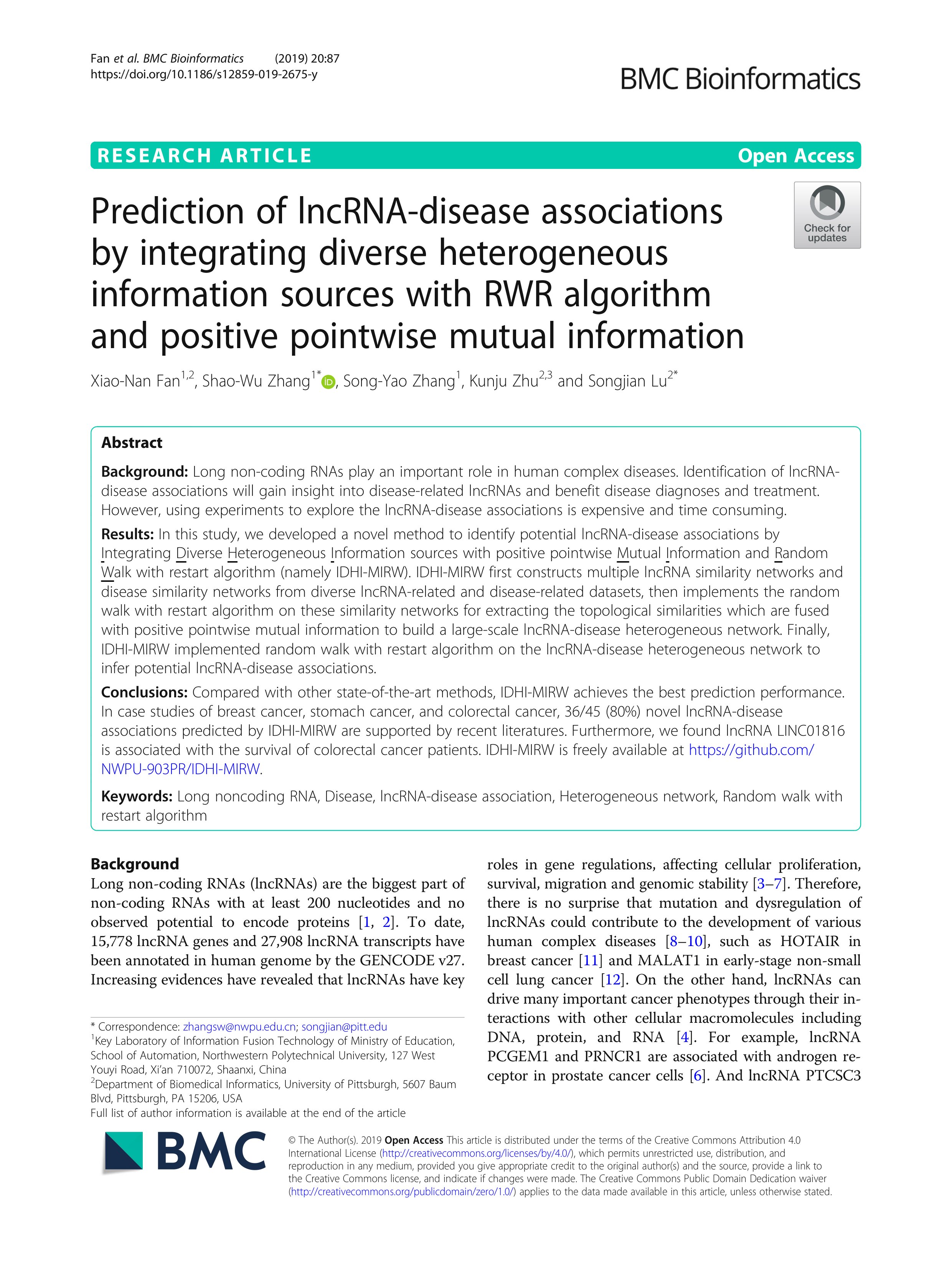 Prediction of lncRNA-disease associations by integrating diverse heterogeneous information sources