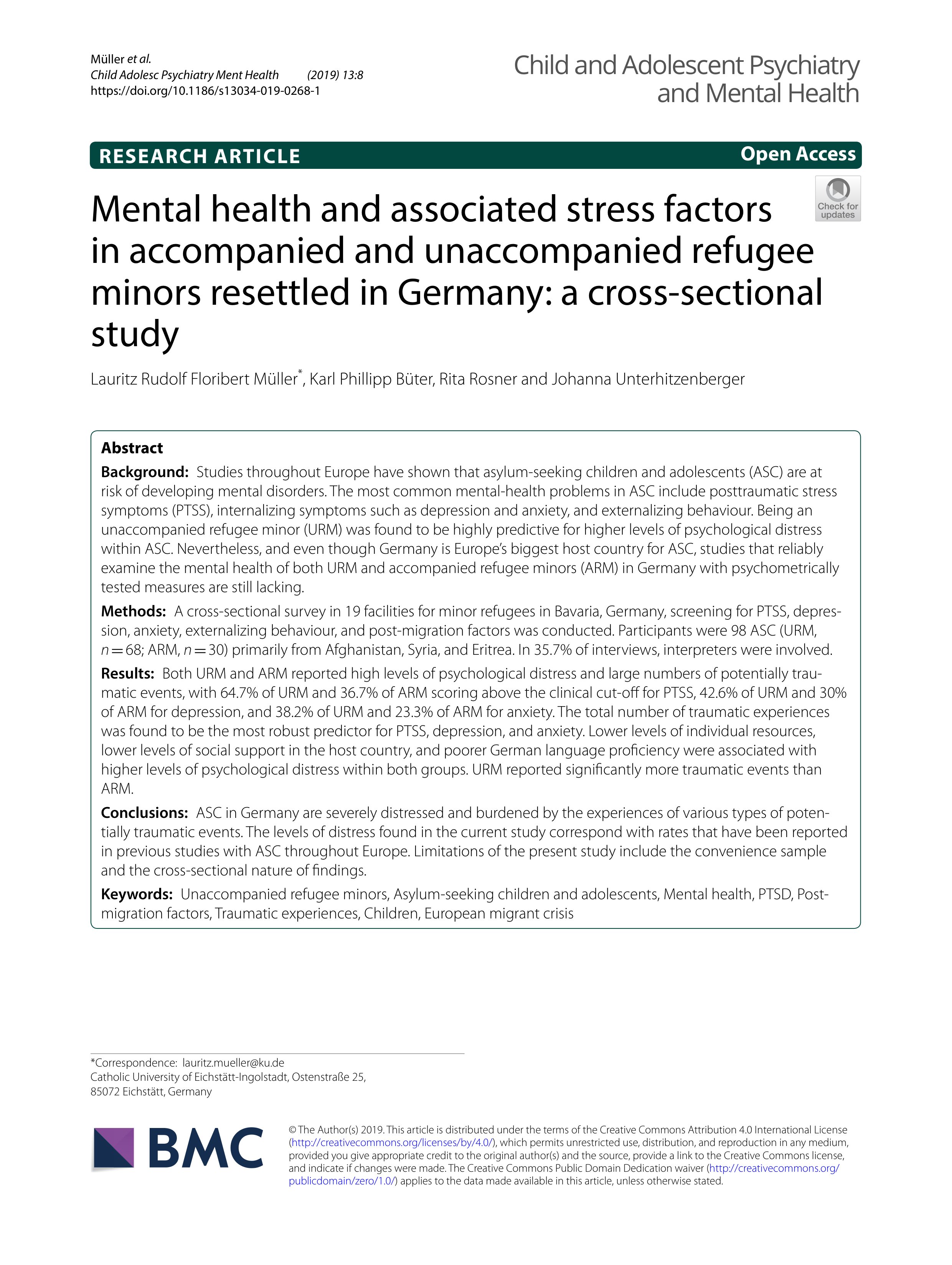 Mental health and associated stress factors in accompanied and unaccompanied refugee minors