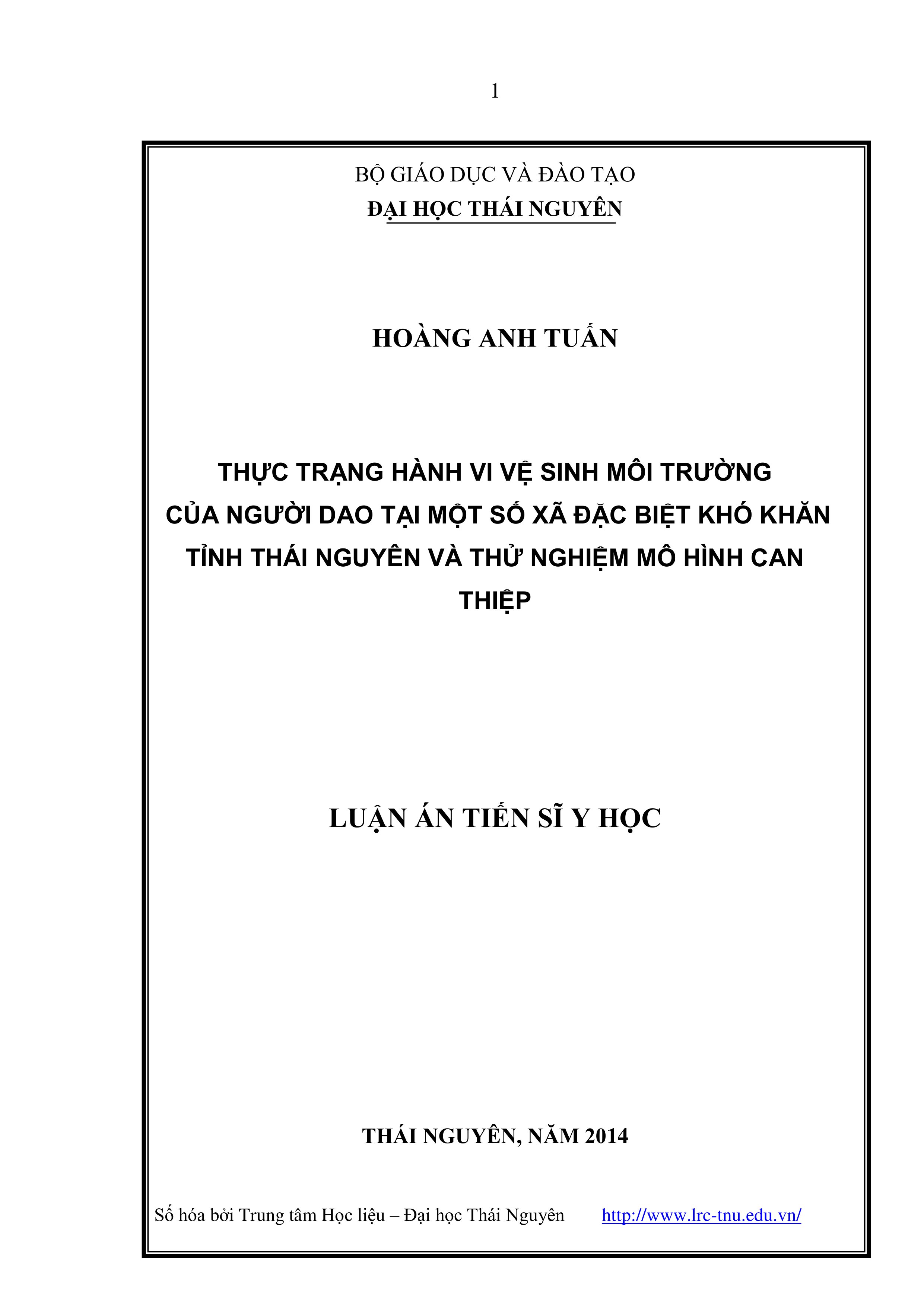 Thực trạng hành vi vệ sinh môi trường của người dao tại một số xã đặc biệt khó khăn tỉnh Thái Nguyên và thử nghiệm mô hình can thiệp