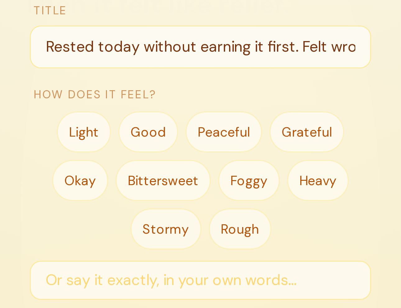 Lighting a lantern in Whisper Vault: a few words, "Rested today without earning it first", and a choice of how it felt, from Light and Good to Stormy and Rough