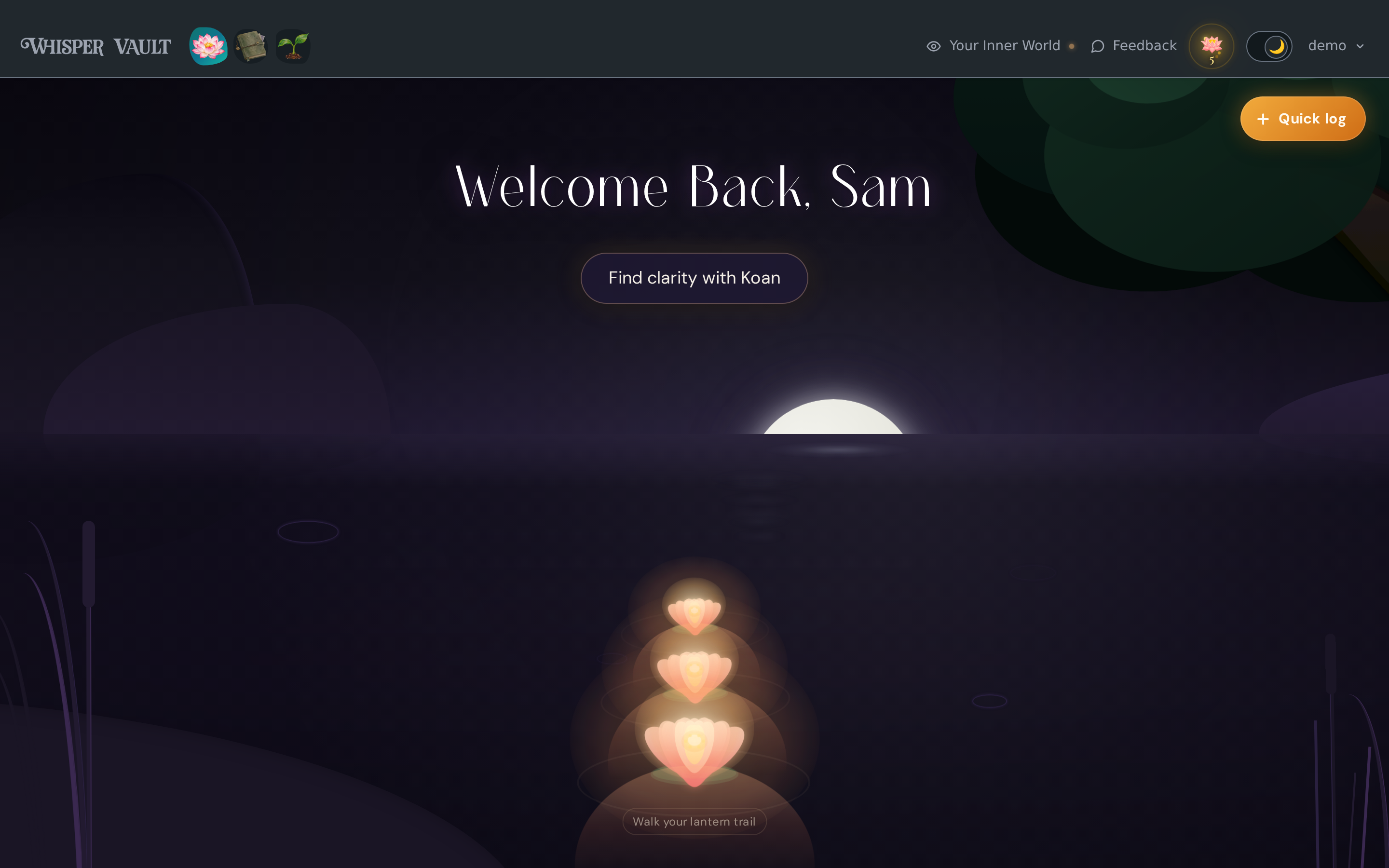 Whisper Vault home screen at night on desktop: "Welcome Back, Sam", a "Find clarity with Koan" button, a moon over the water, and glowing lanterns on it