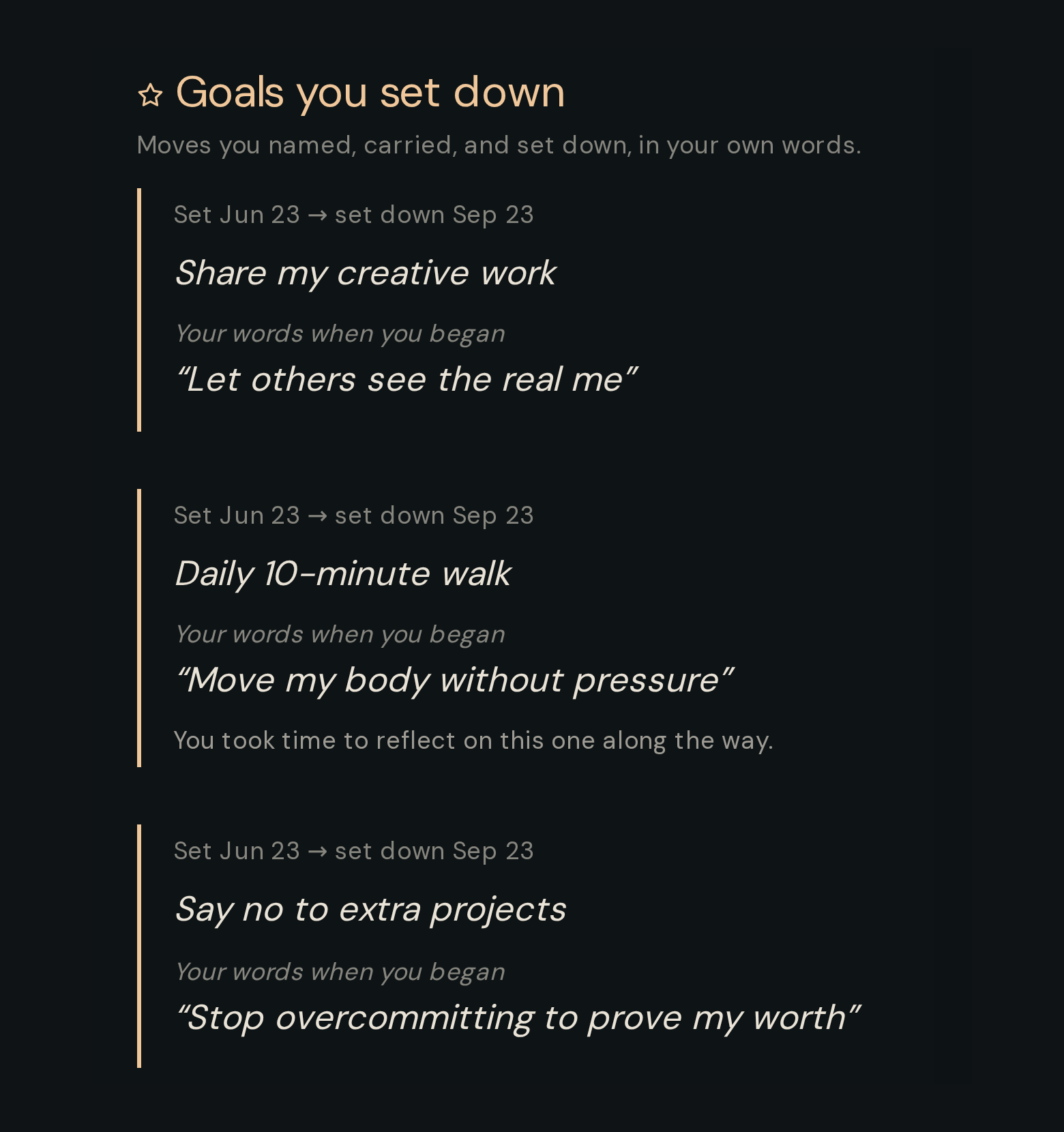 Your Inner World, Goals you set down: three goals with their dates and the words written when each began, such as "Let others see the real me" and "Stop overcommitting to prove my worth"