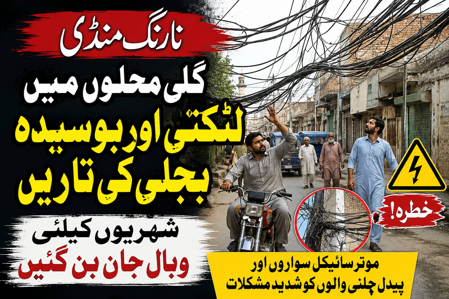 نارنگ منڈی(نامہ نگار) گلی محلوں میں بجلی کی لٹکتی اور بوسیدہ تاریں شہریوں کیلئے وبال جان بن گئیں مختلف علاقوں میں بجلی کی تاریں انتہائی نیچی ہونے کے باعث موٹرسائیکل سواروں اورپیدل چلنے والوں کوشدید مشکلات