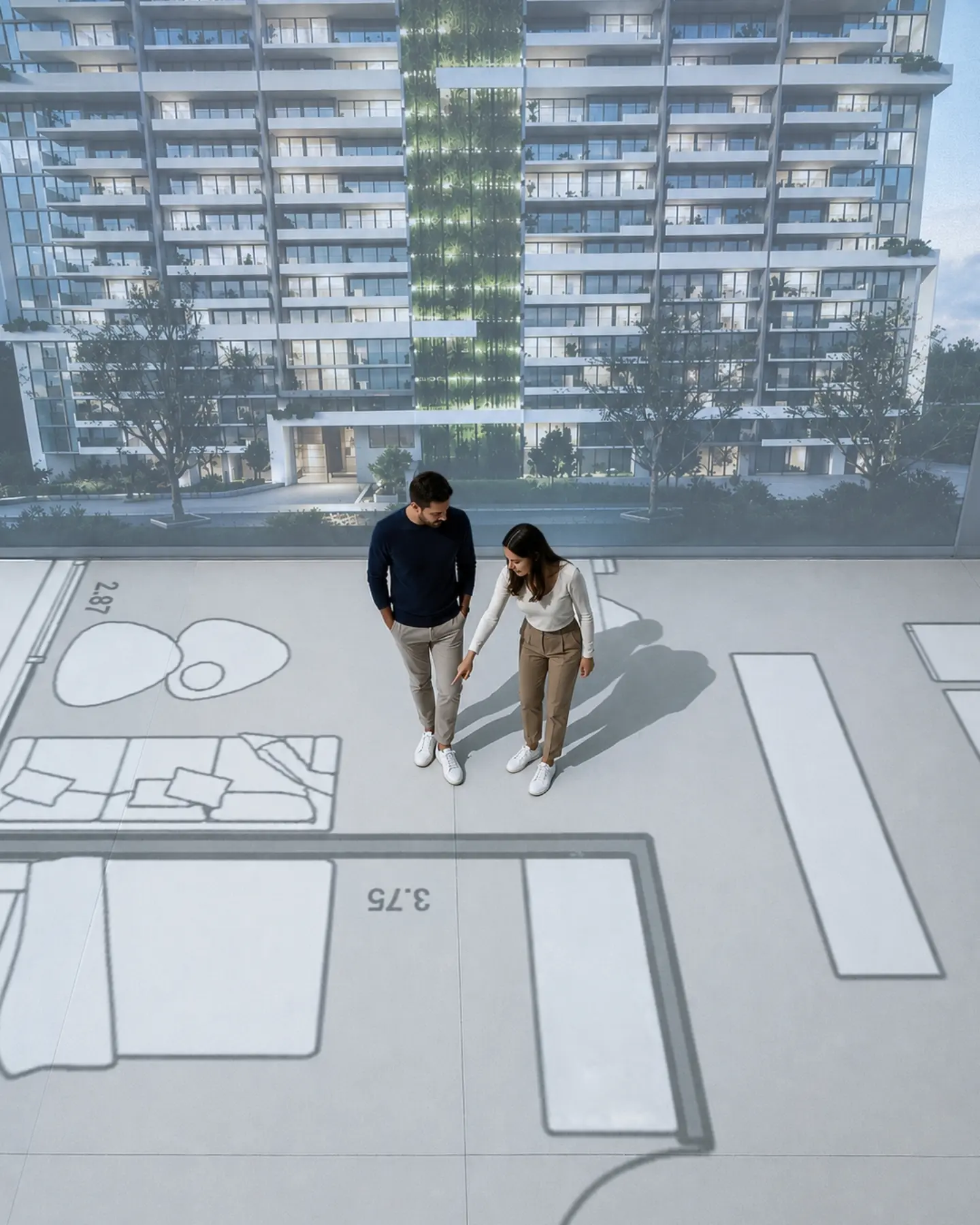 Asesora inmobiliaria y cliente sobre la proyección  escala real de un plano, en una sede de Inmersivo