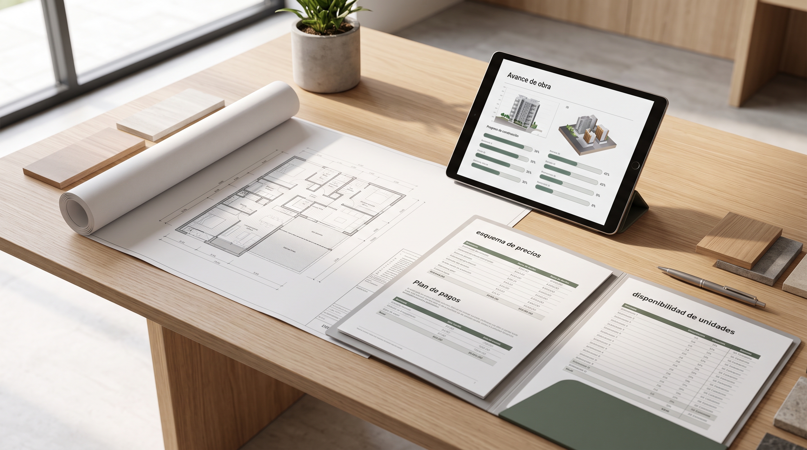 Plano, tablet con avance de obra y carpeta con esquma de precios en una mesa de showroom