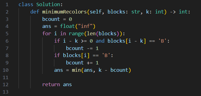 Minimum Recolors to Get K Consecutive Black Blocks