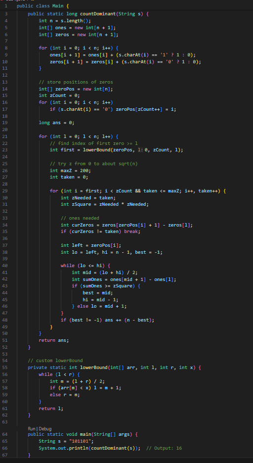 Count the Number of Substrings With Dominant Ones-Java