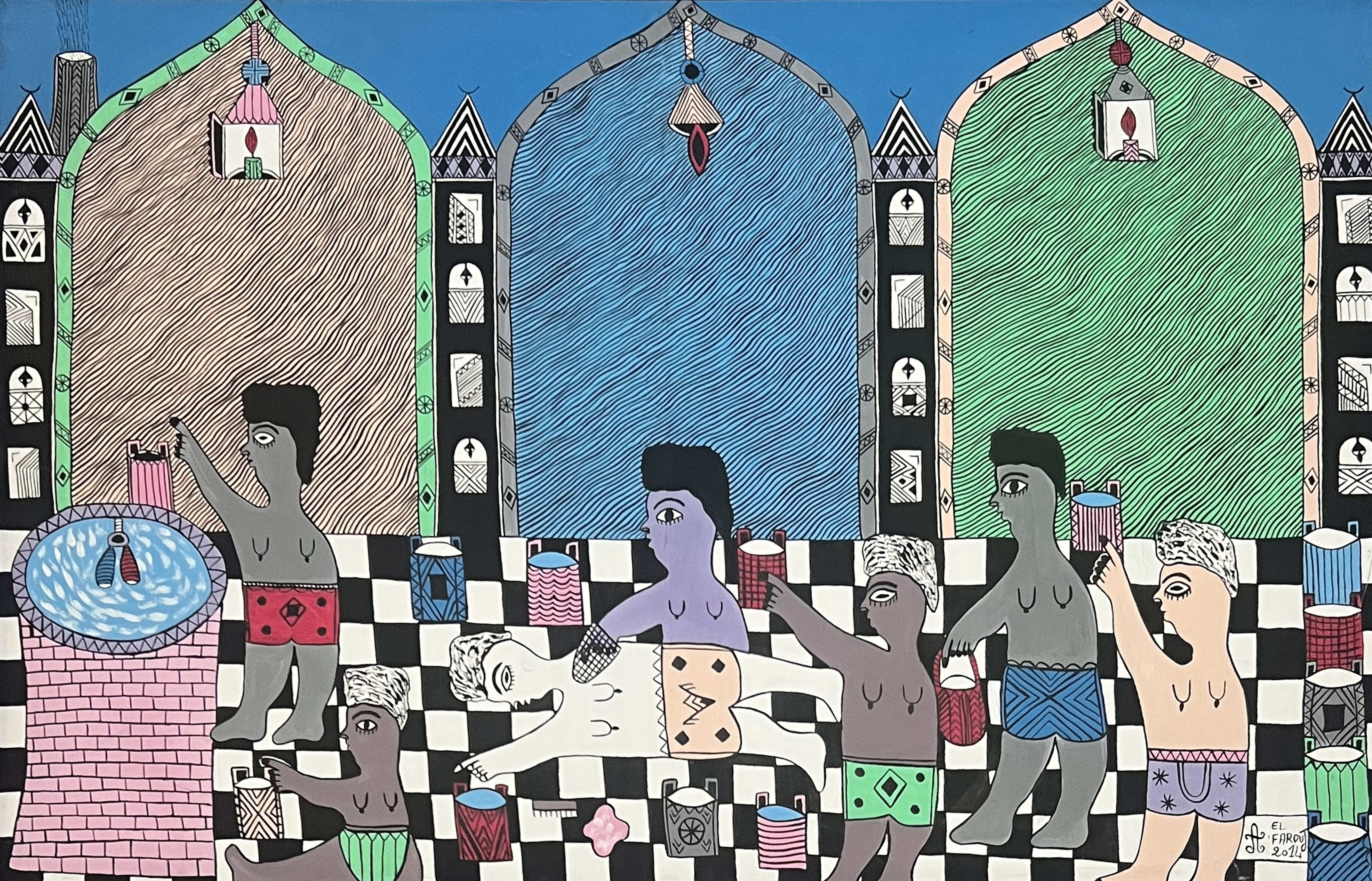 Tableau art naïf marocain - hammam sous grandes arches bleues