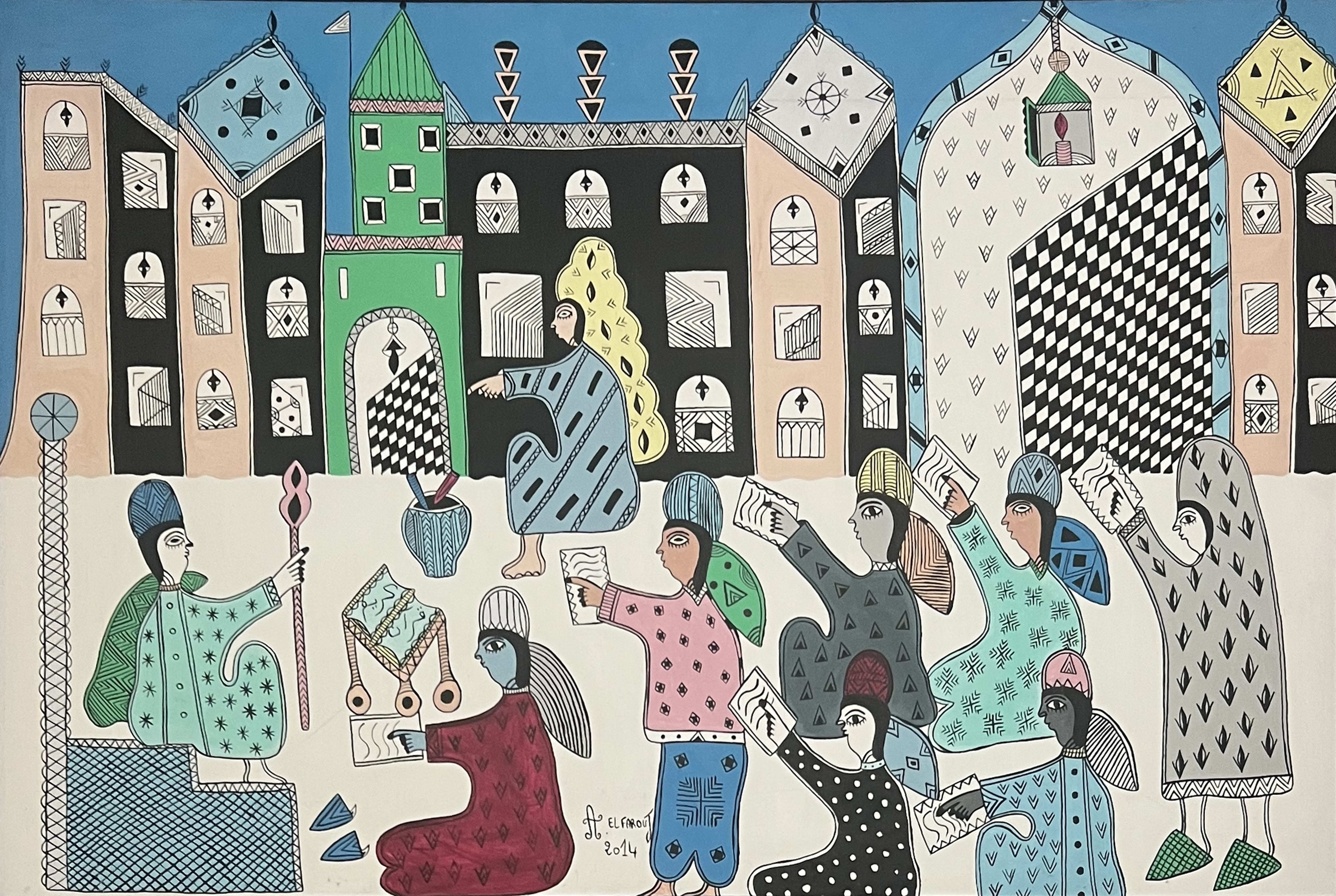 Tableau art naïf marocain - souk animé devant architectures bleues
