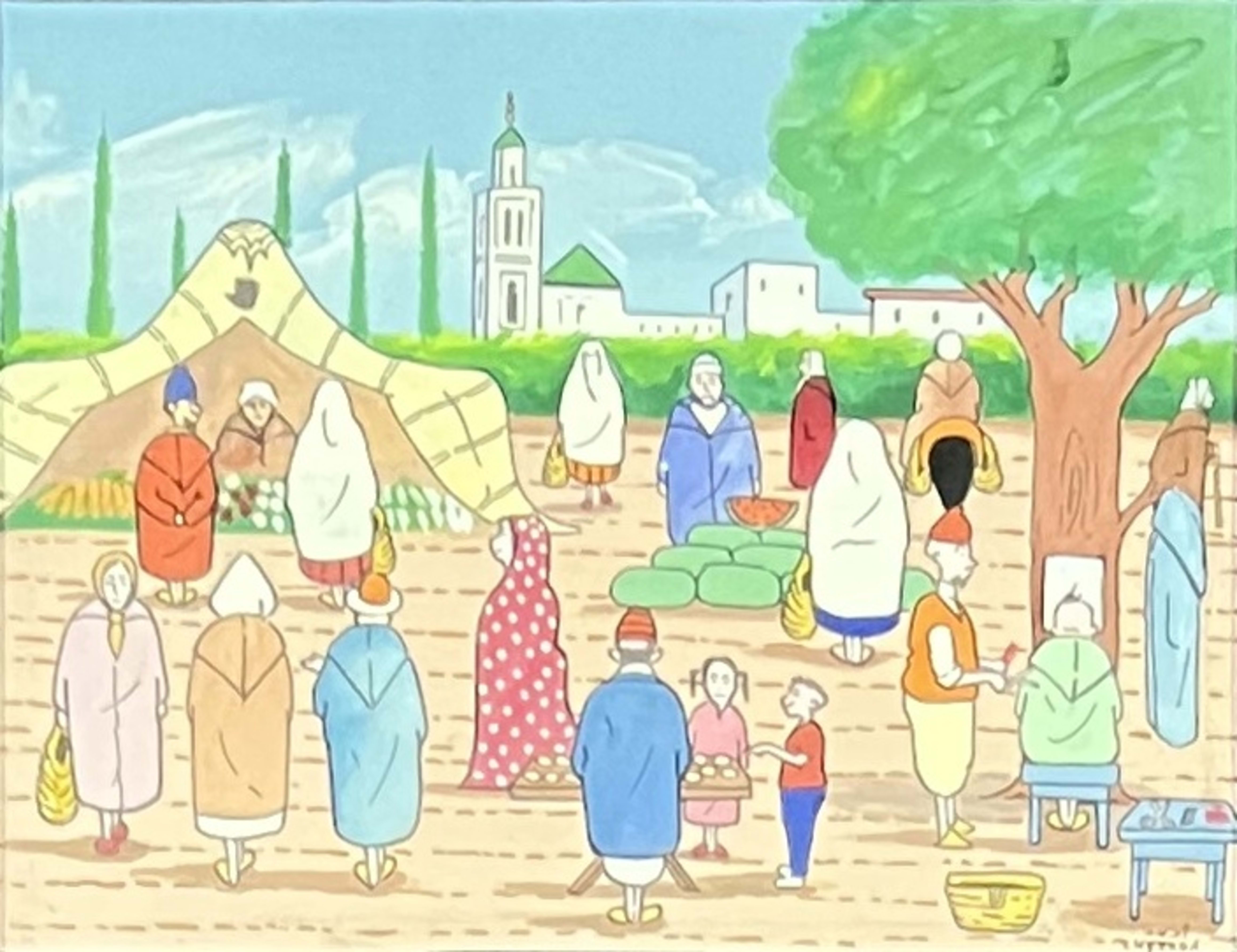 Tableau art naïf marocain - village et souk devant minaret