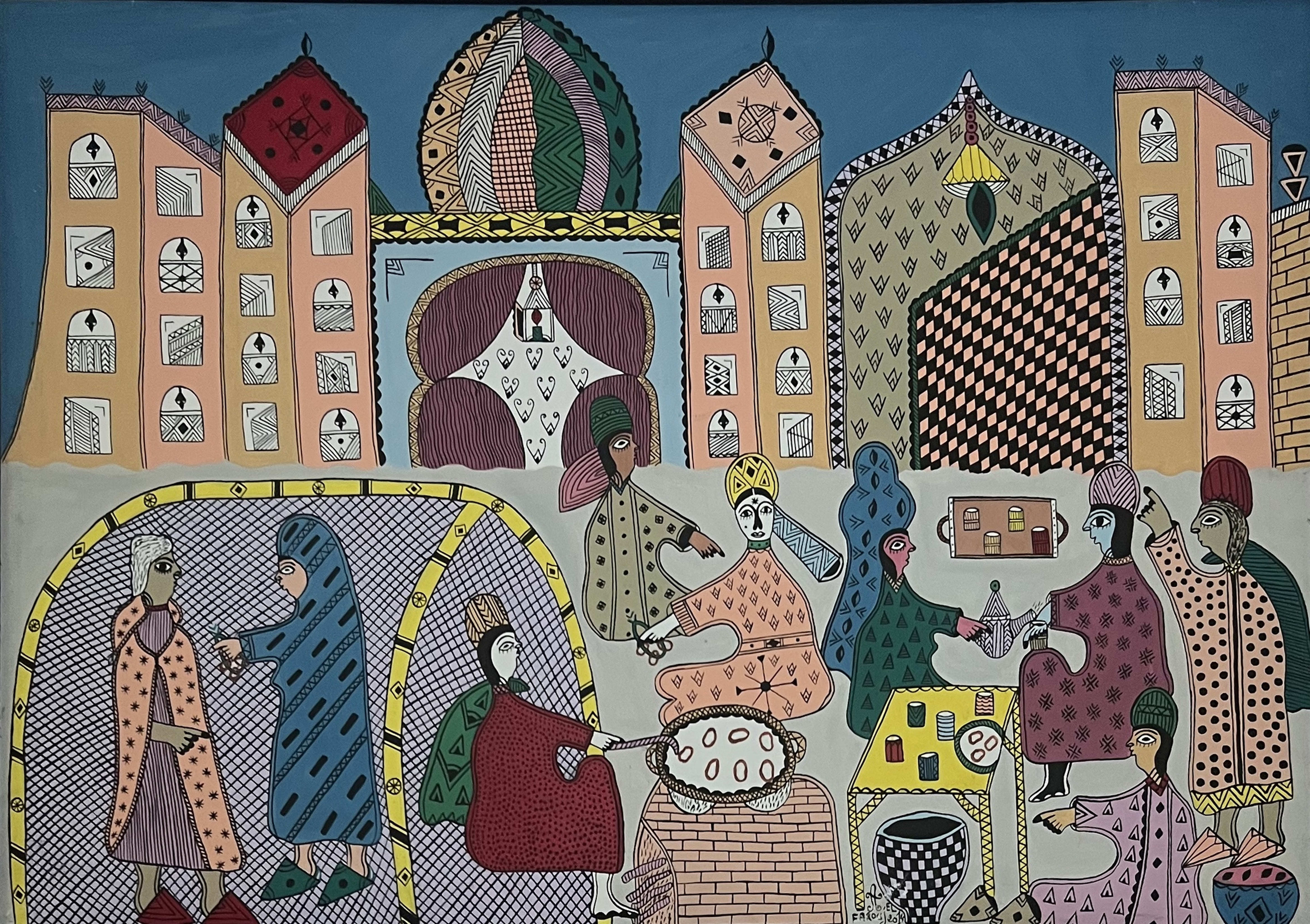 Tableau art naïf marocain - intérieur de palais et femmes