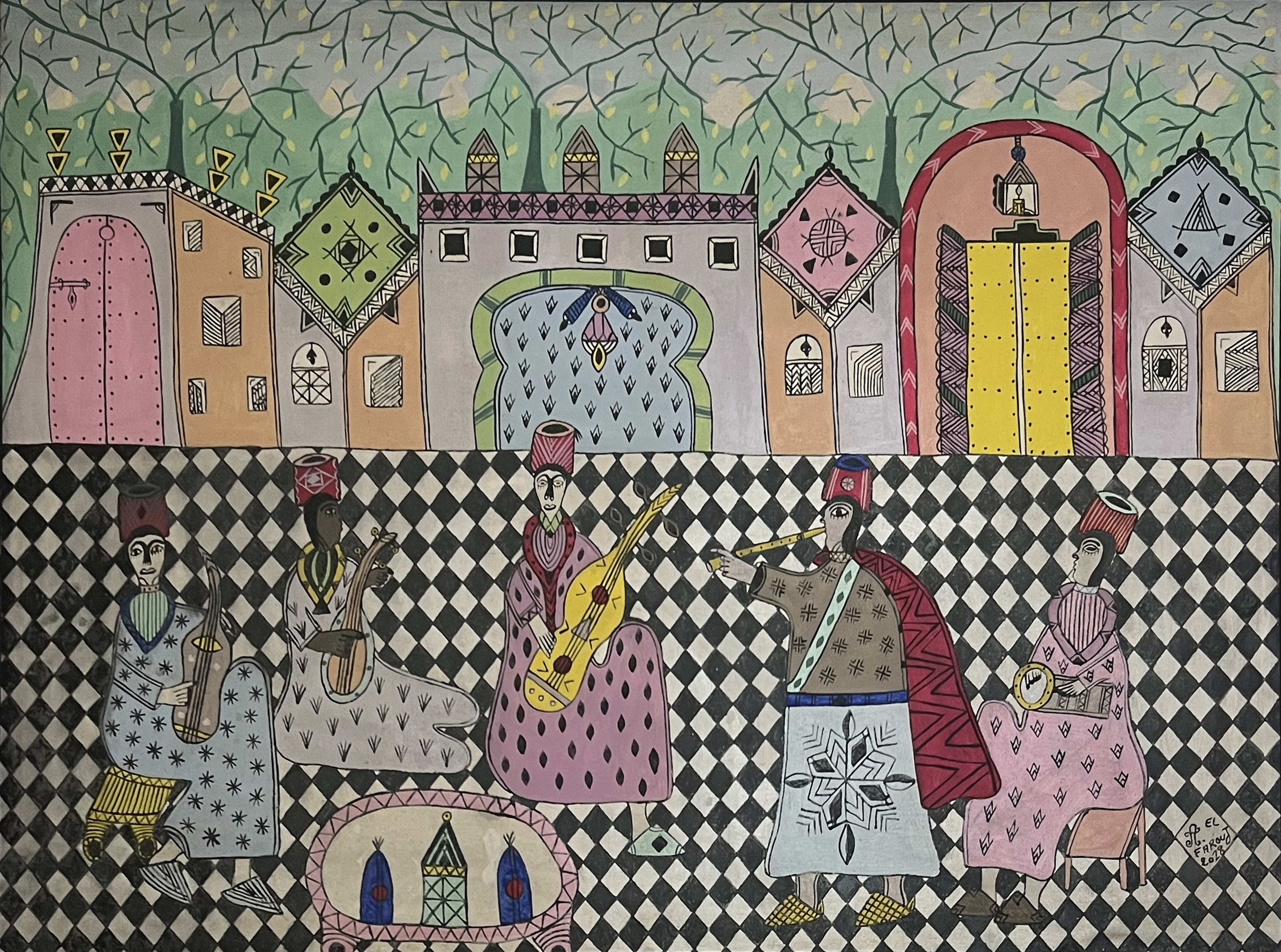 Tableau art naïf marocain - palais, musiciens et tapis
