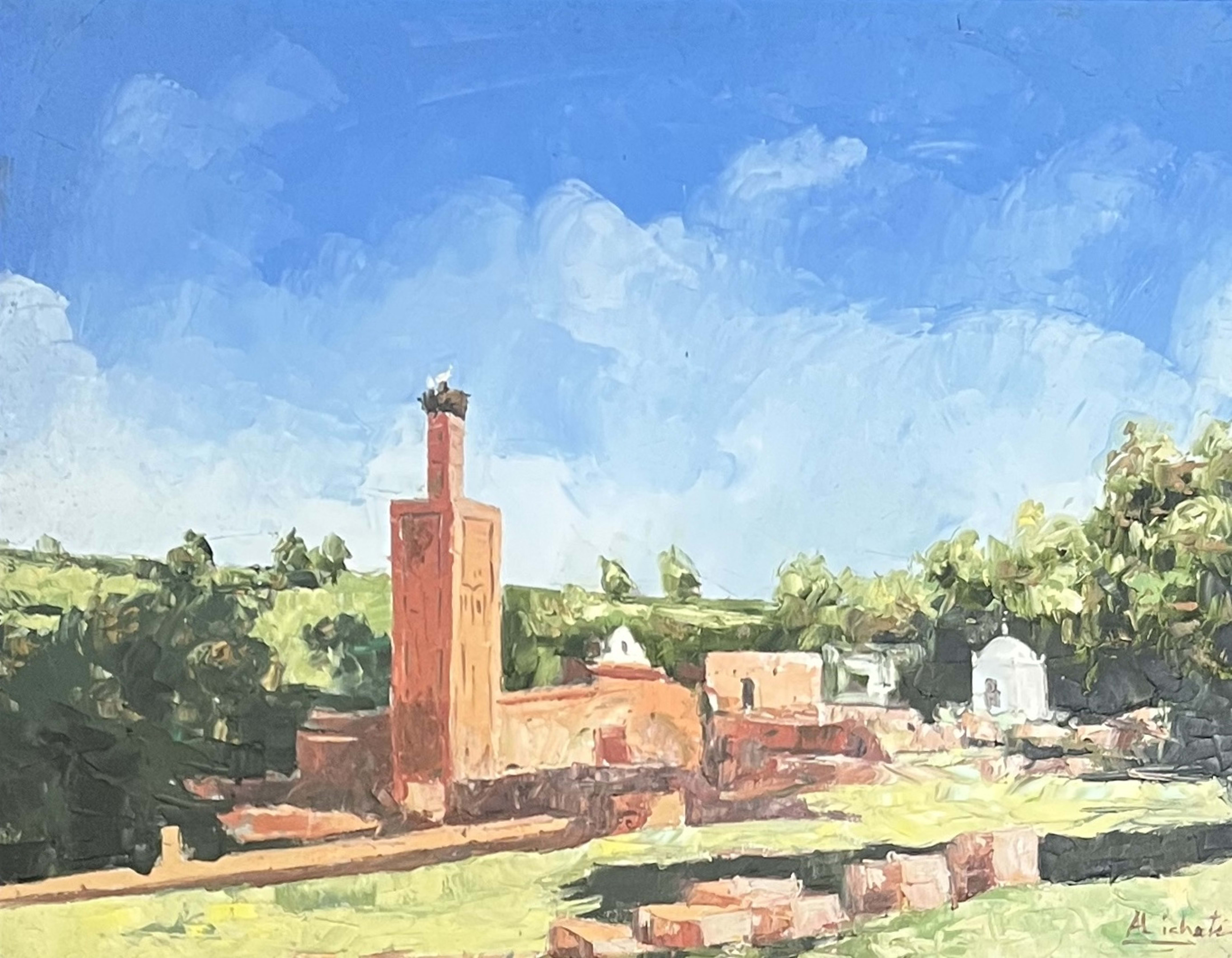 Tableau impressionniste marocain - minaret dans un paysage lumineux
