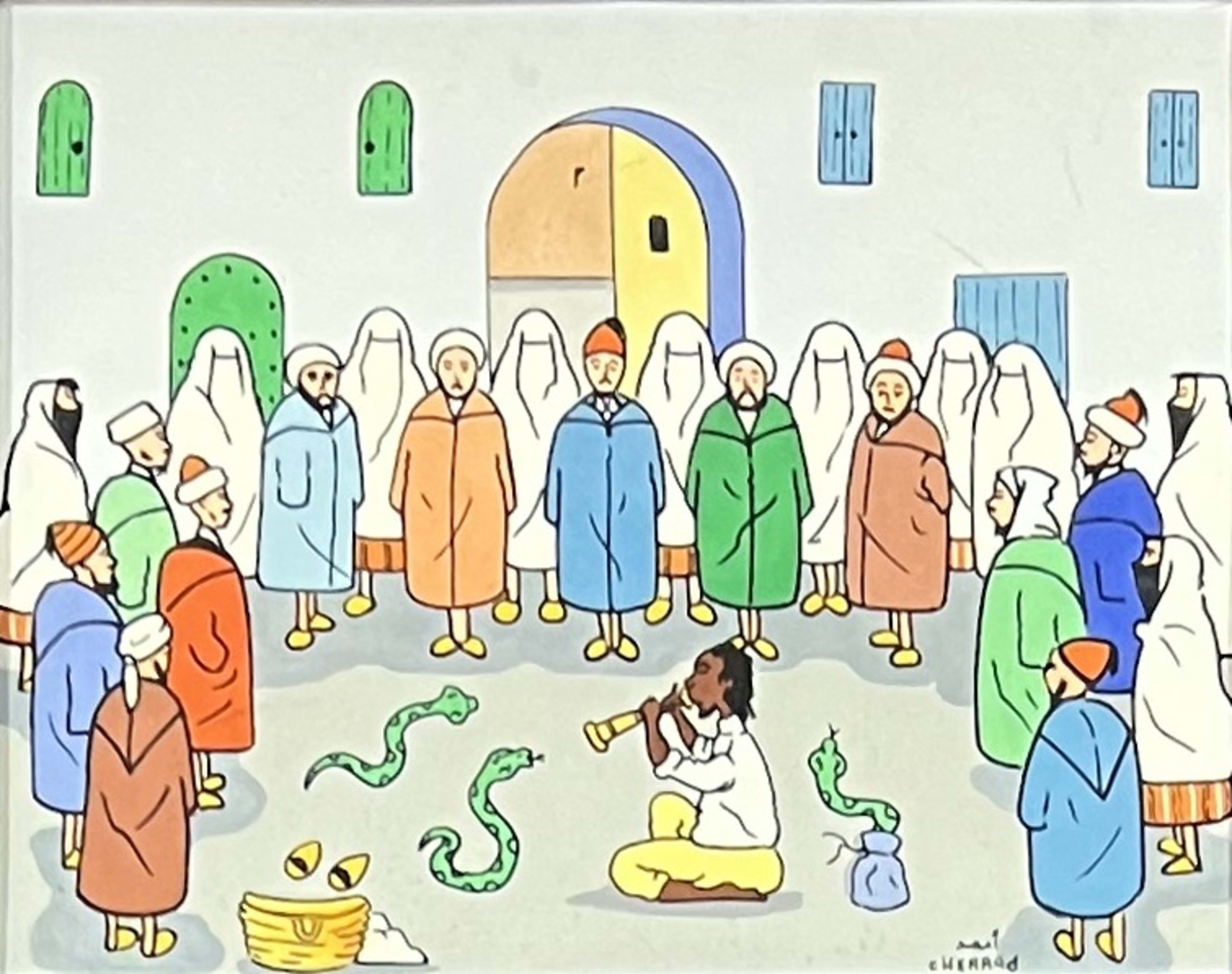 Tableau art naïf marocain - charmeur de serpents en médina