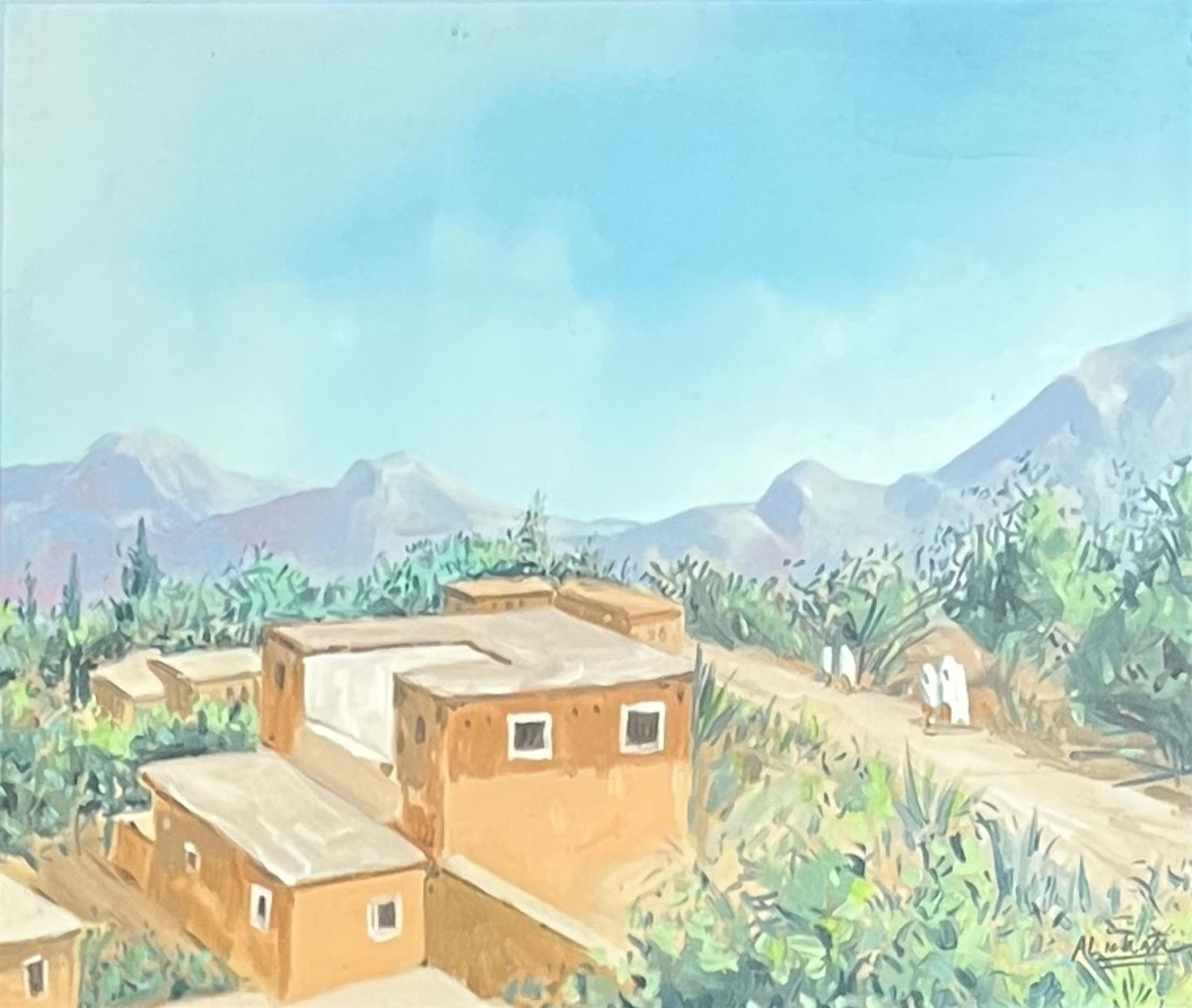 Tableau impressionniste marocain - village de montagne au pied de l'Atlas