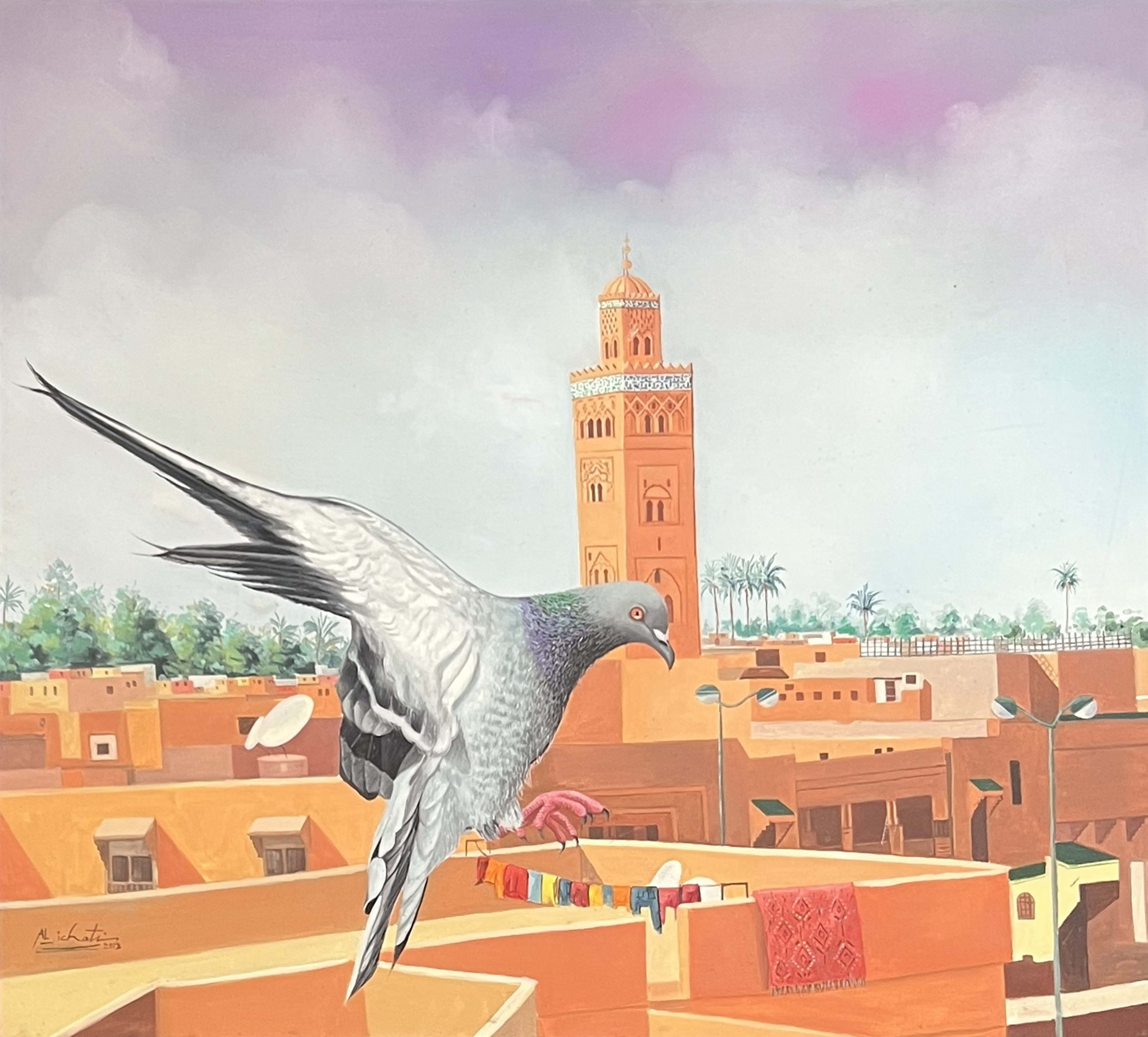 Tableau impressionniste marocain - cigogne devant la Koutoubia