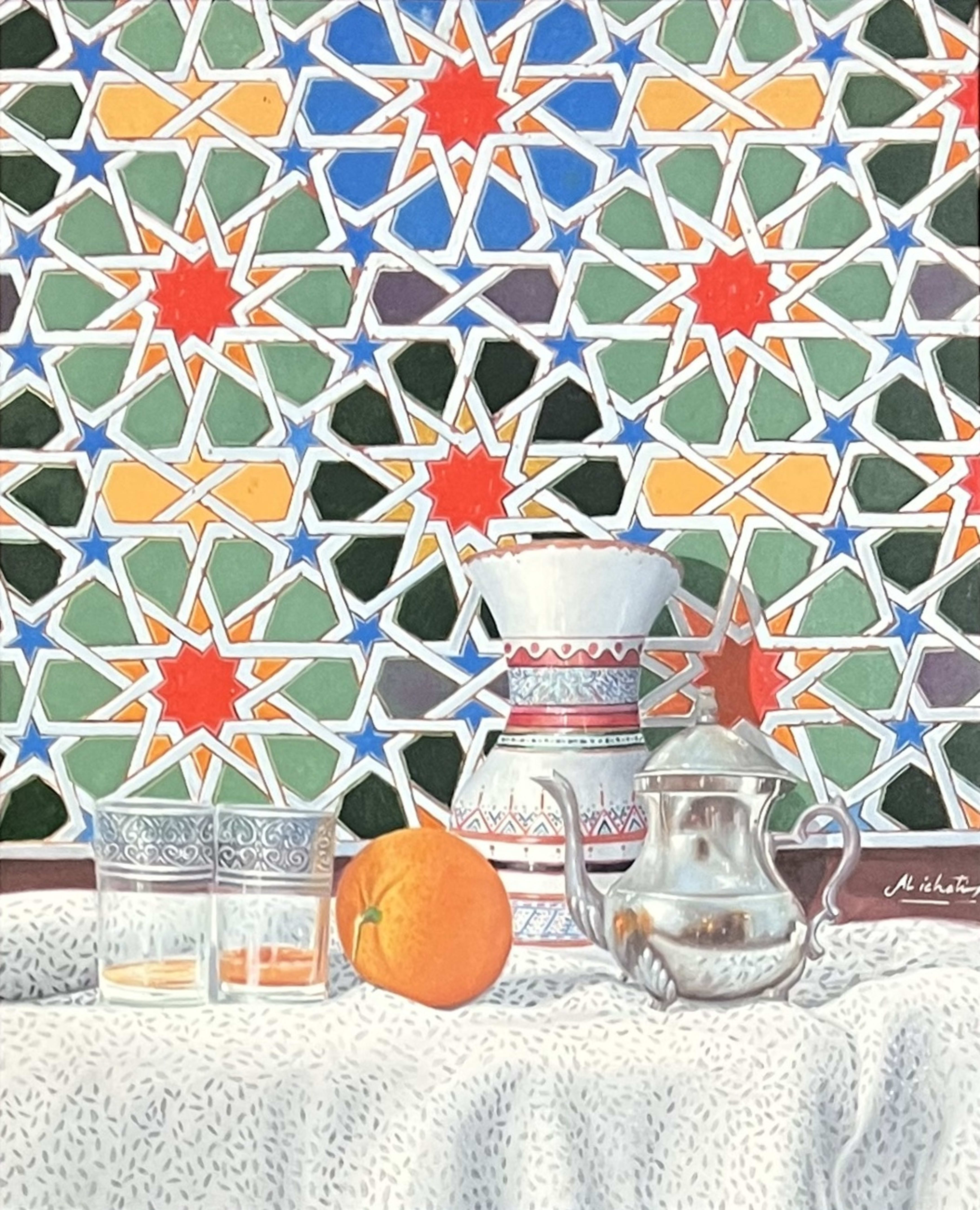 Tableau nature morte marocaine - service a thé devant zellige