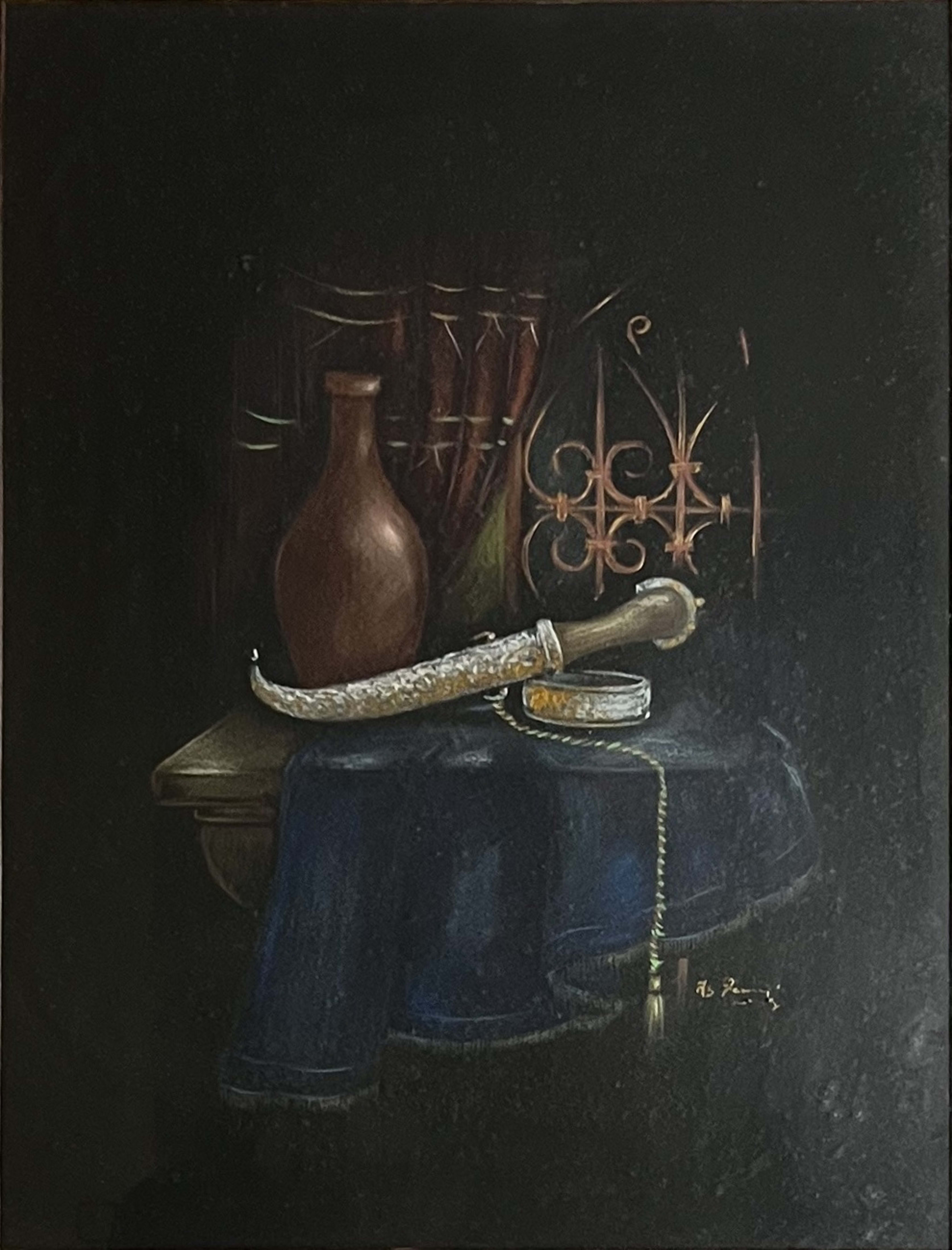 Tableau nature morte marocaine - jarre, poignard et objets traditionnels