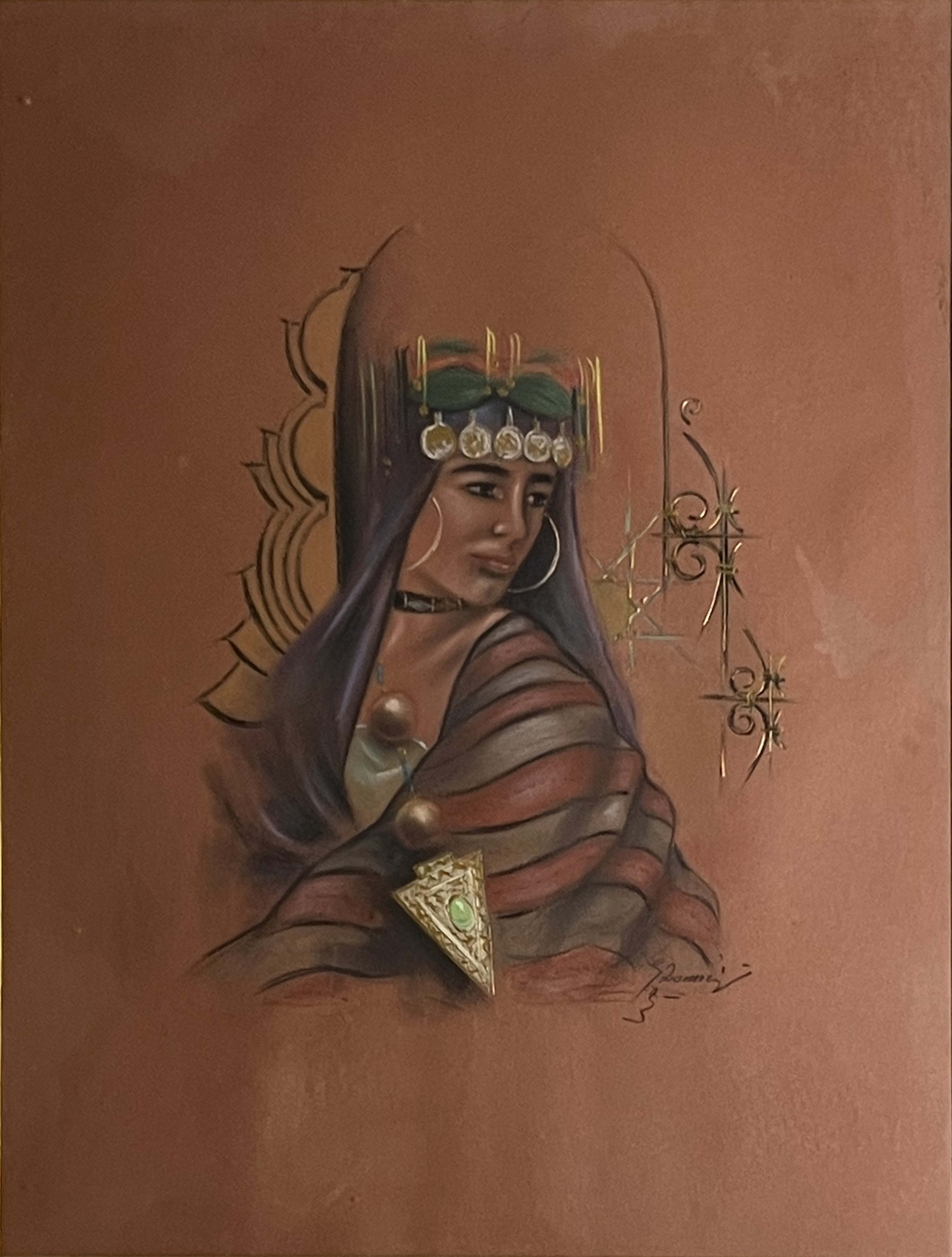 Tableau figuratif marocain - portrait de femme berbère ocre