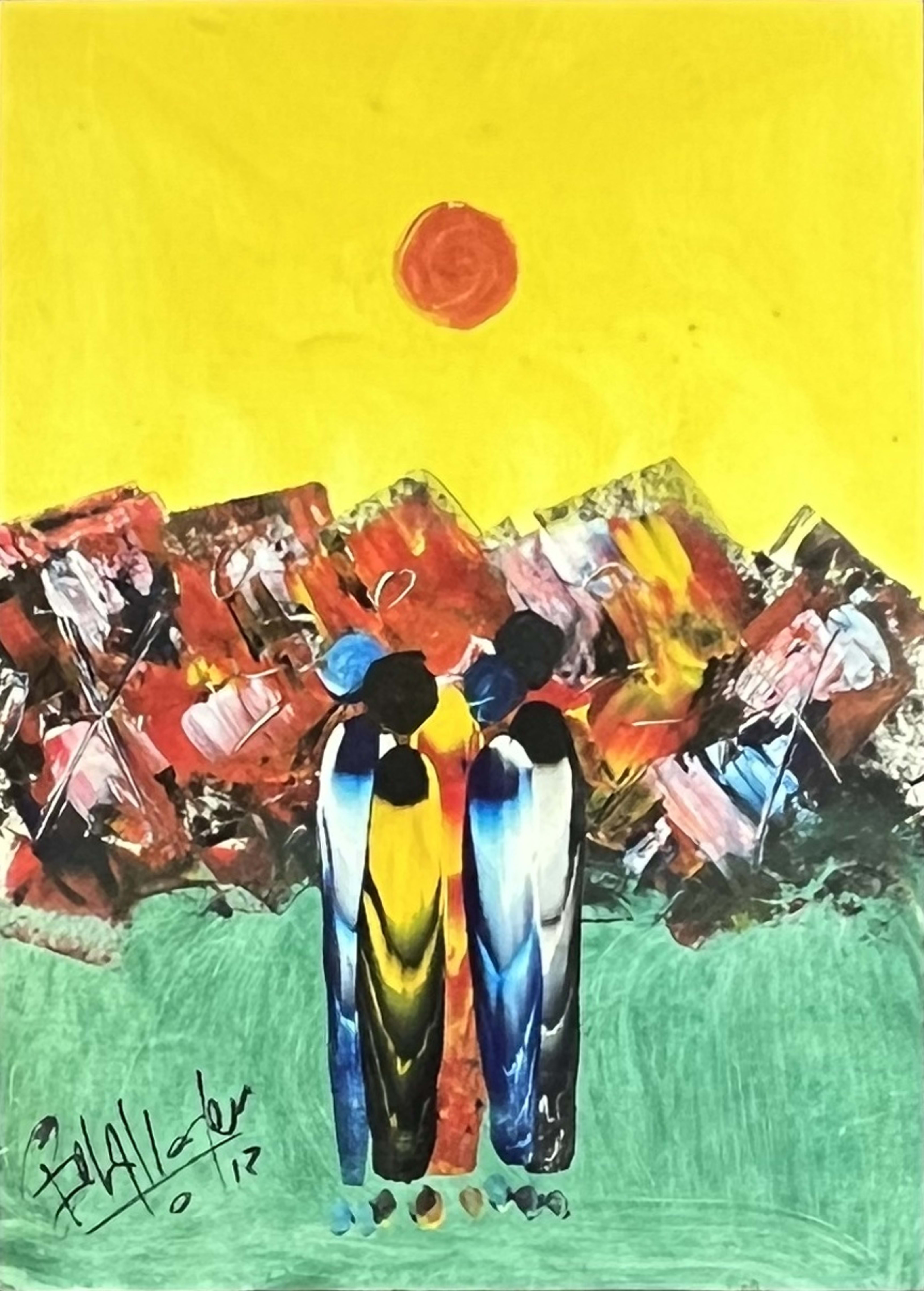 Tableau expressionniste marocain - couple devant paysage solaire