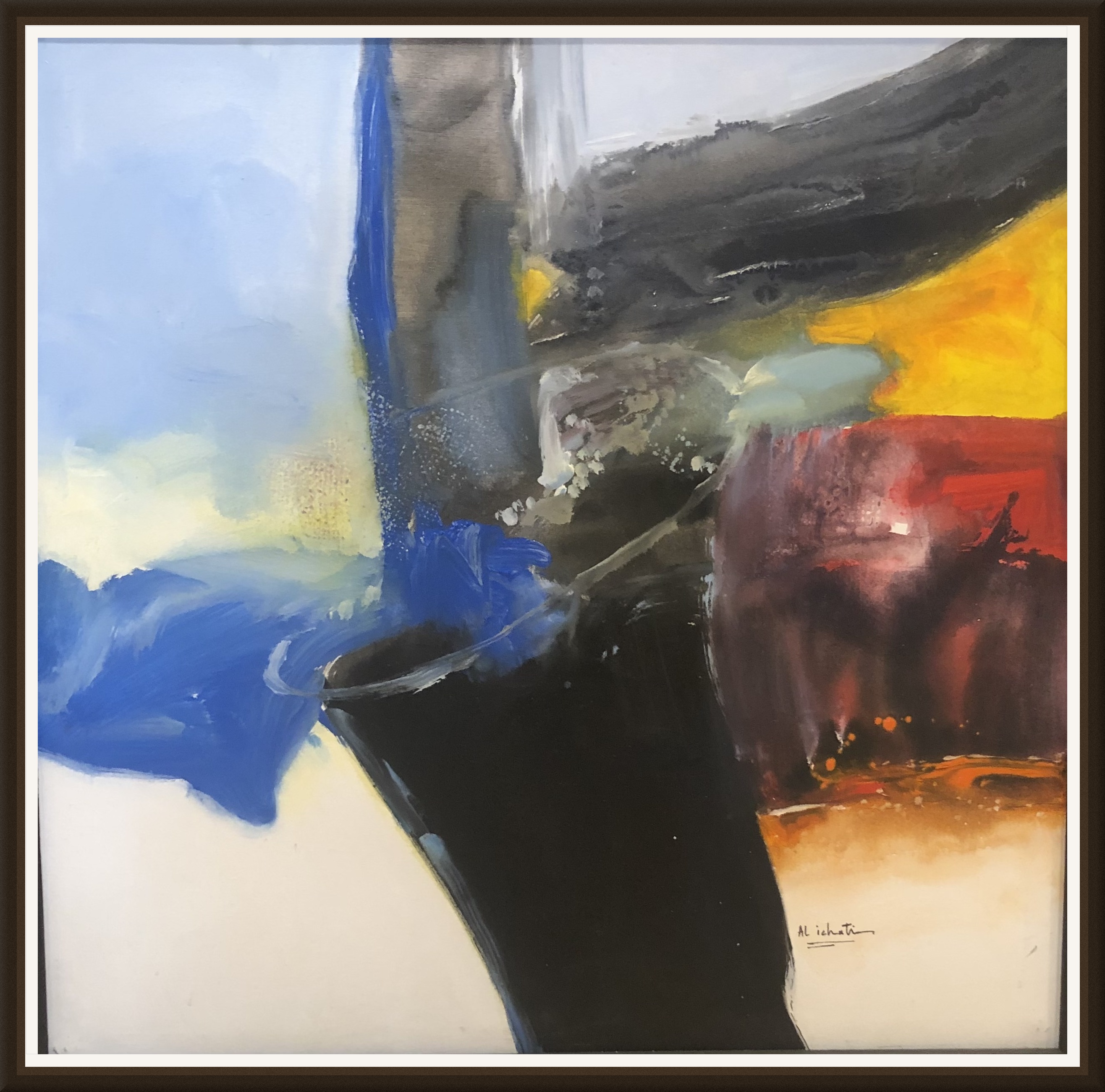 Tableau Abstrait nuées de bleu et touches dorées