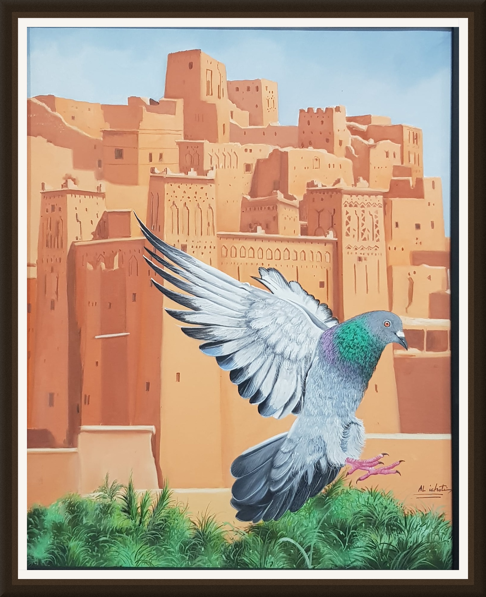 Tableau Kasbah et pigeon marocain