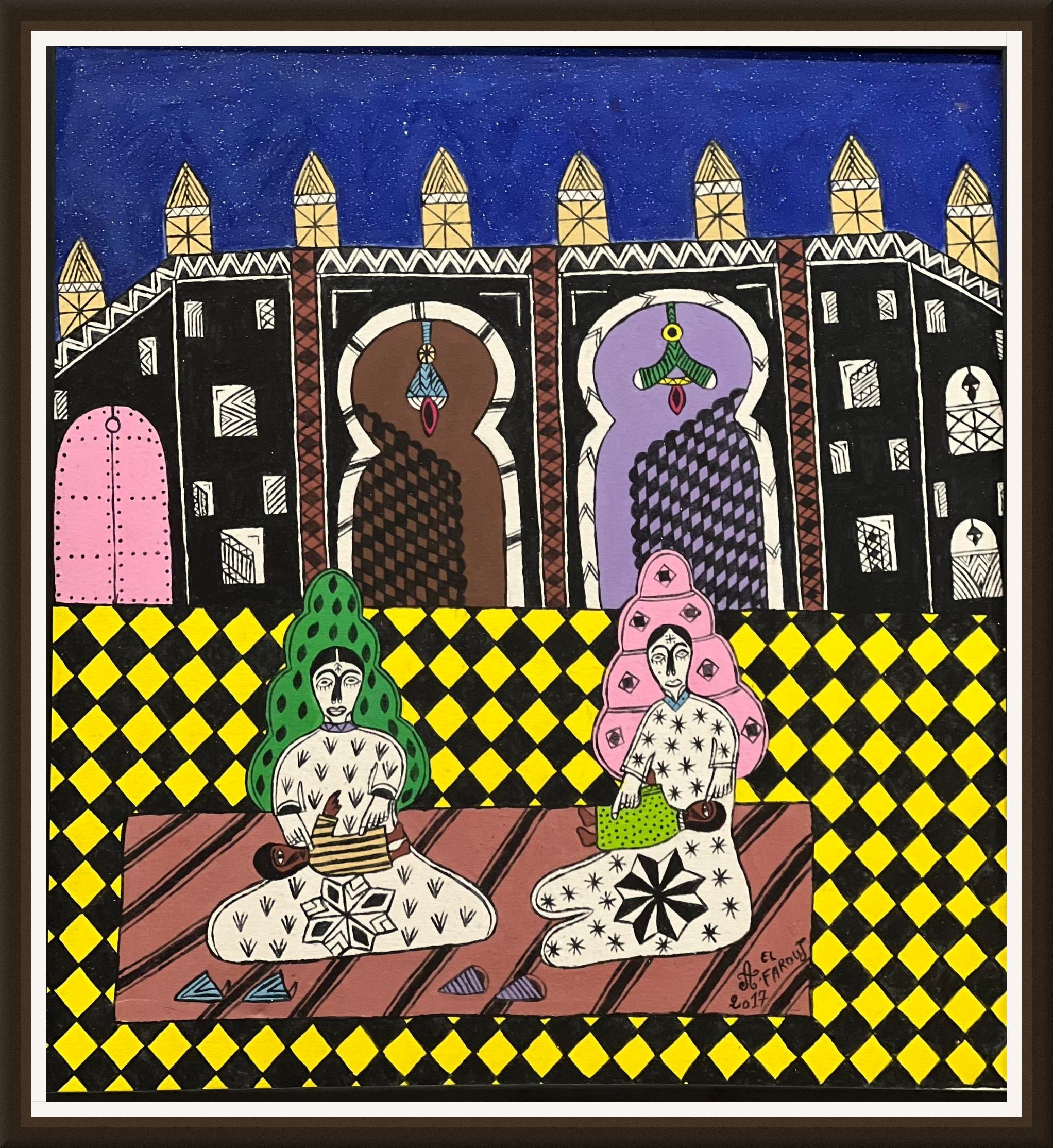 Tableau Marocain architecture et femmes assises